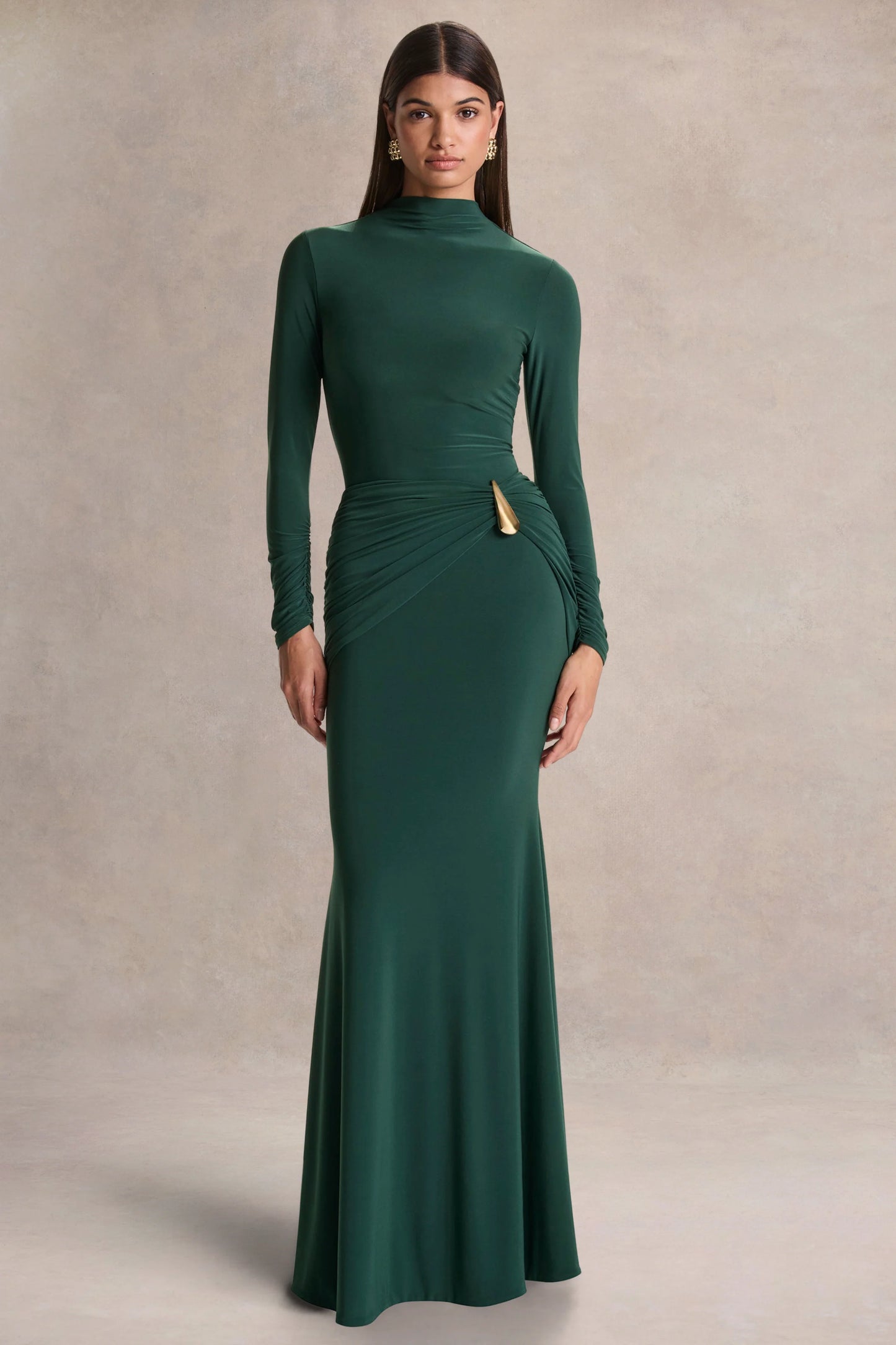Solarium Dark Green Long-Sleeve Maxi Dress With Gold Detail