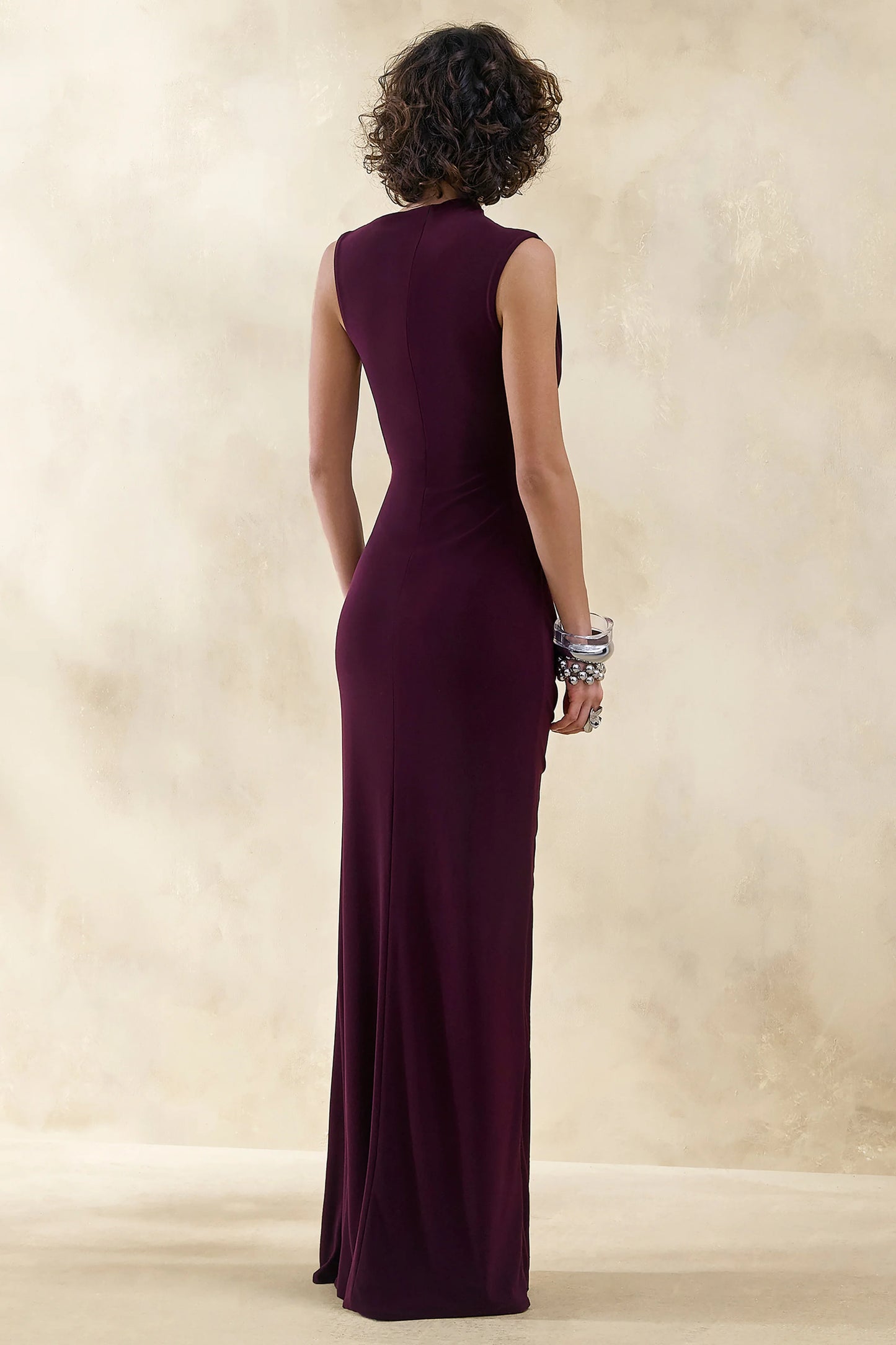 Helessia Dark Plum Asymmetric-Neck Maxi Dress With Gathered-Detailing And Sash