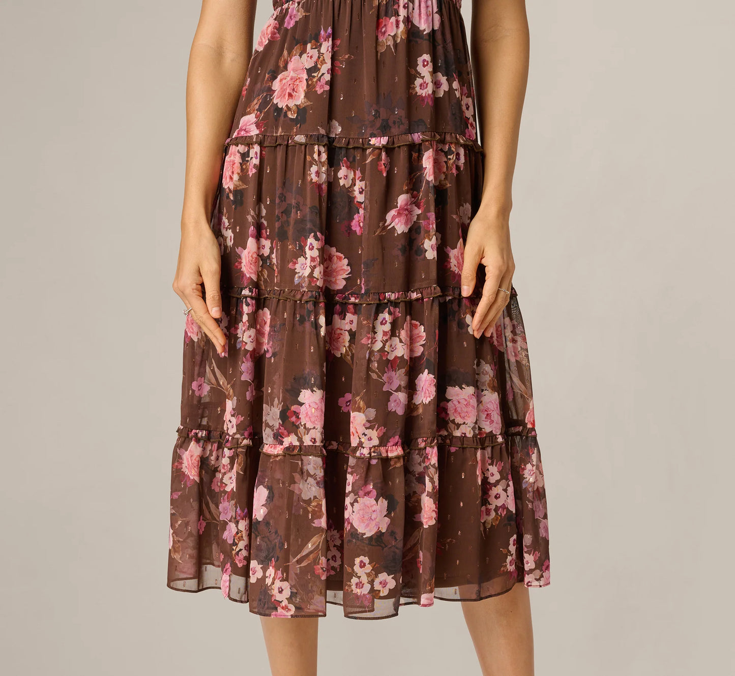 Flutter Sleeve Floral Metallic Chiffon Midi Dress In Brown Multi