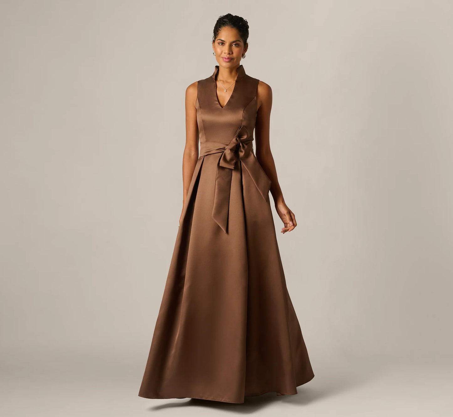 Sleeveless Queen Anne Tie Front Ballgown In Espresso