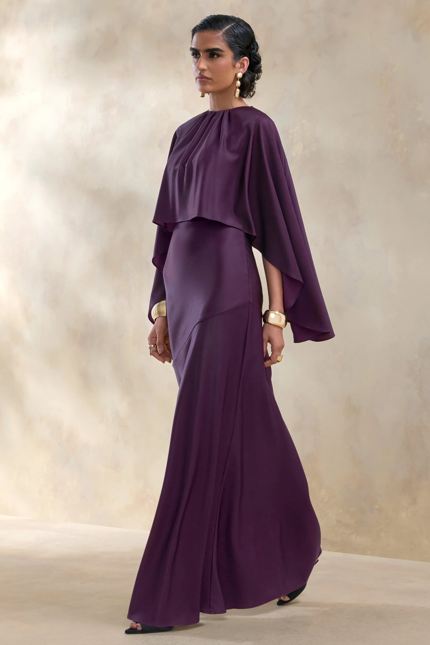 Vanthea Dark Plum Satin Round-Neck Maxi Dress With Cape-Sleeves