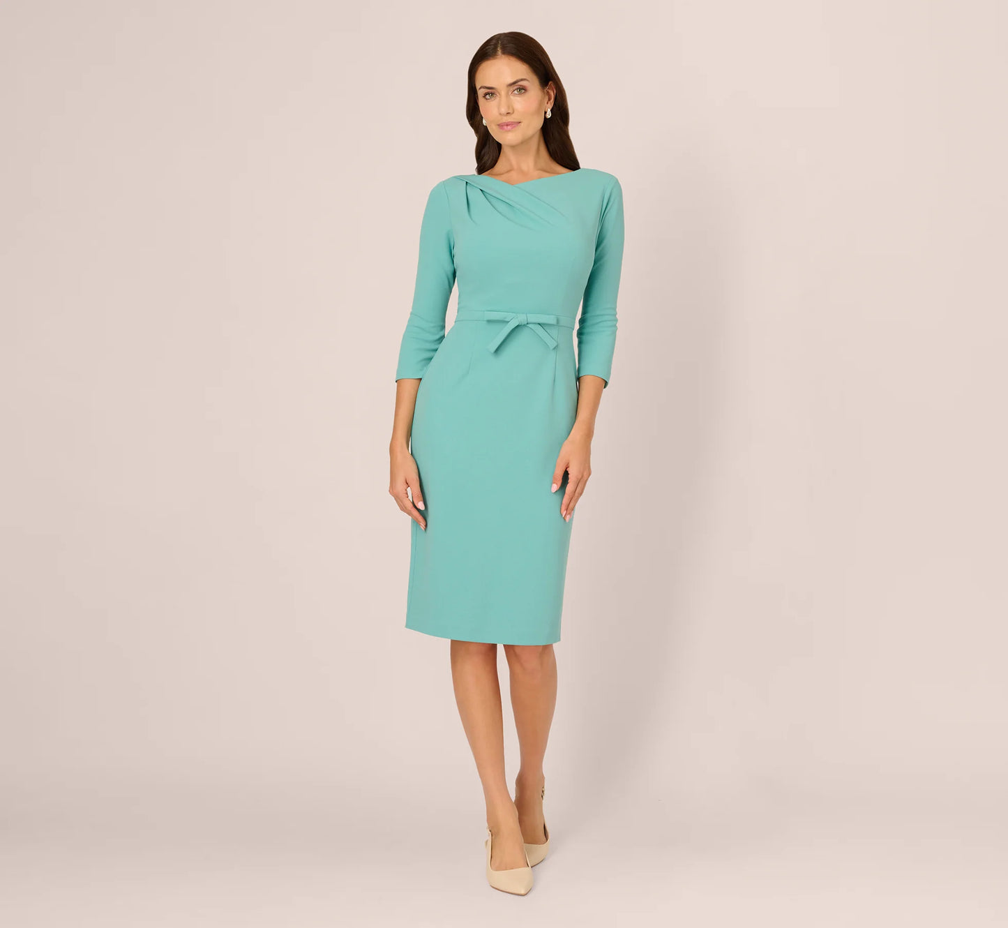 Three Quarter Sleeve Drape Collar Sheath Dress In Smoky Jade