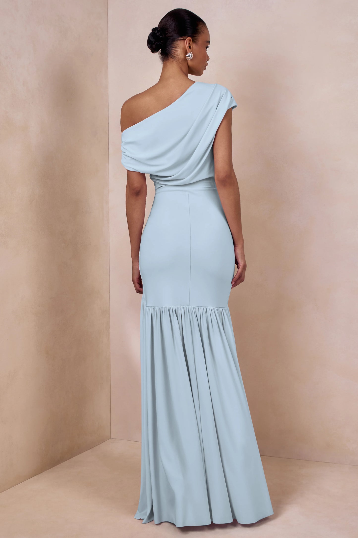 Kady Powder Blue Asymmetric-Neck Maxi Dress With Ruched Detailing