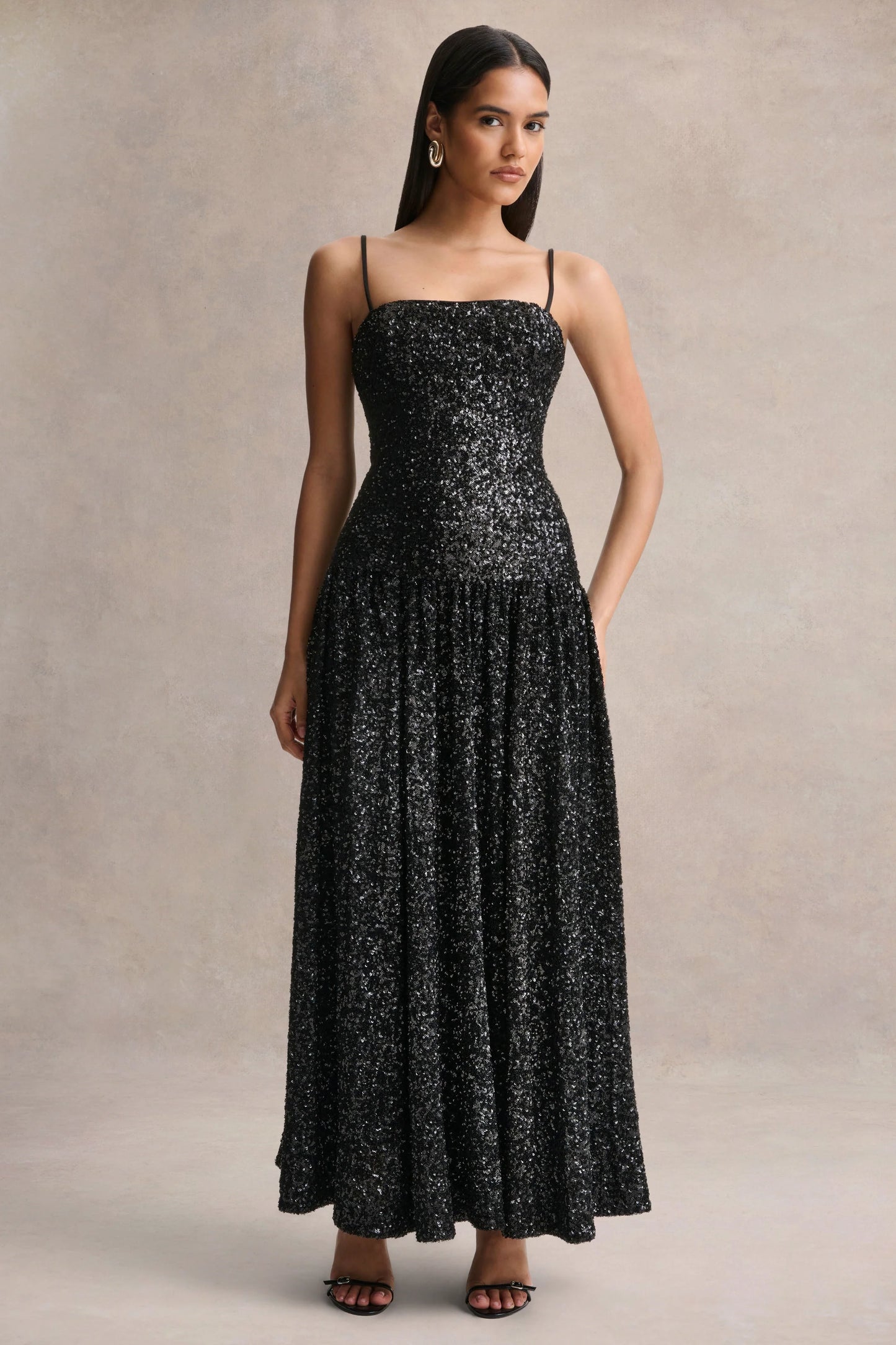 Allora Black Sequin Square-Neck Maxi Dress With Pleated Skirt