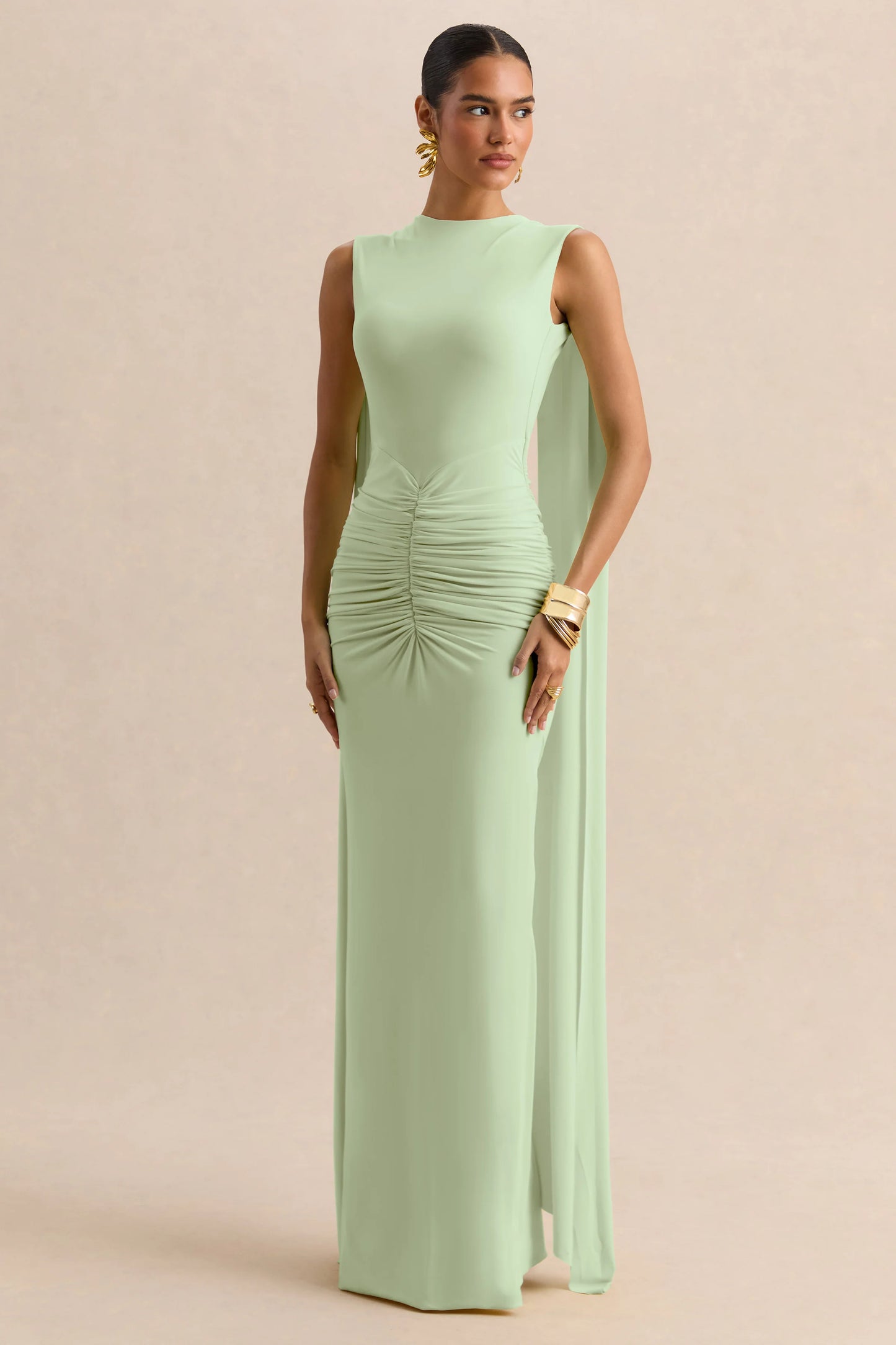 Premiere Mint Boat-Neck Maxi Dress With Cape-Sleeves And Open-Back