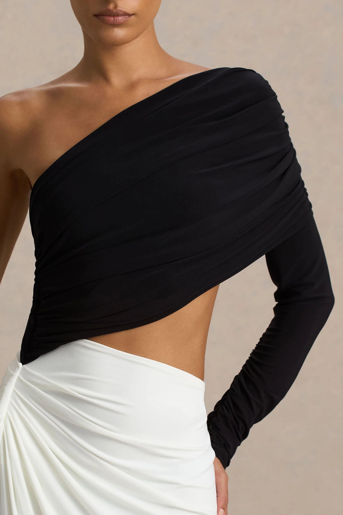 Malika Black And White Asymmetric-Neck Maxi Dress With Body-Cut Out And Gathered Detailing