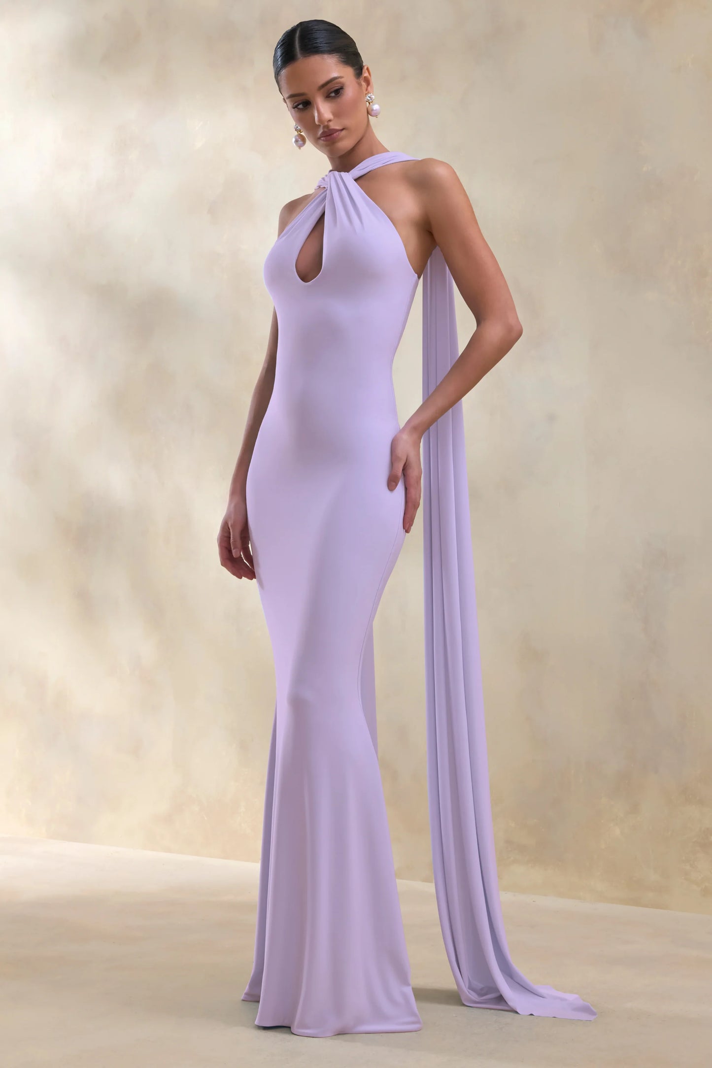 Rhoda Lilac Twist Halter-Neck Cape Maxi Dress