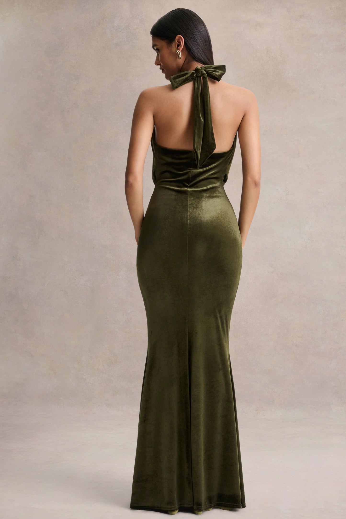 Lavernia Olive Velvet Halter-Neck Maxi Dress With Gathered-Detailing