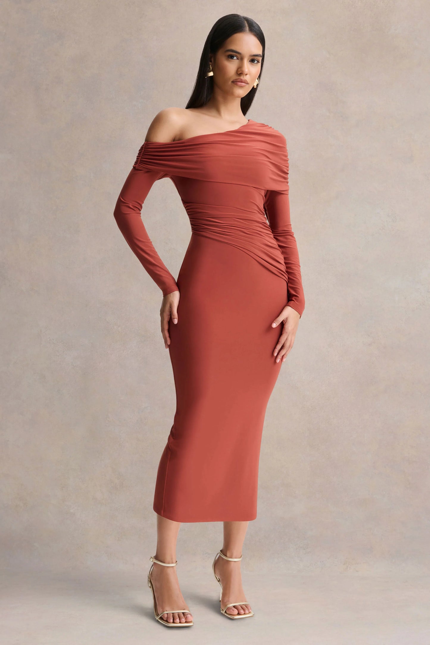 Elliora Rust Asymmetric-Neck Midi Dress