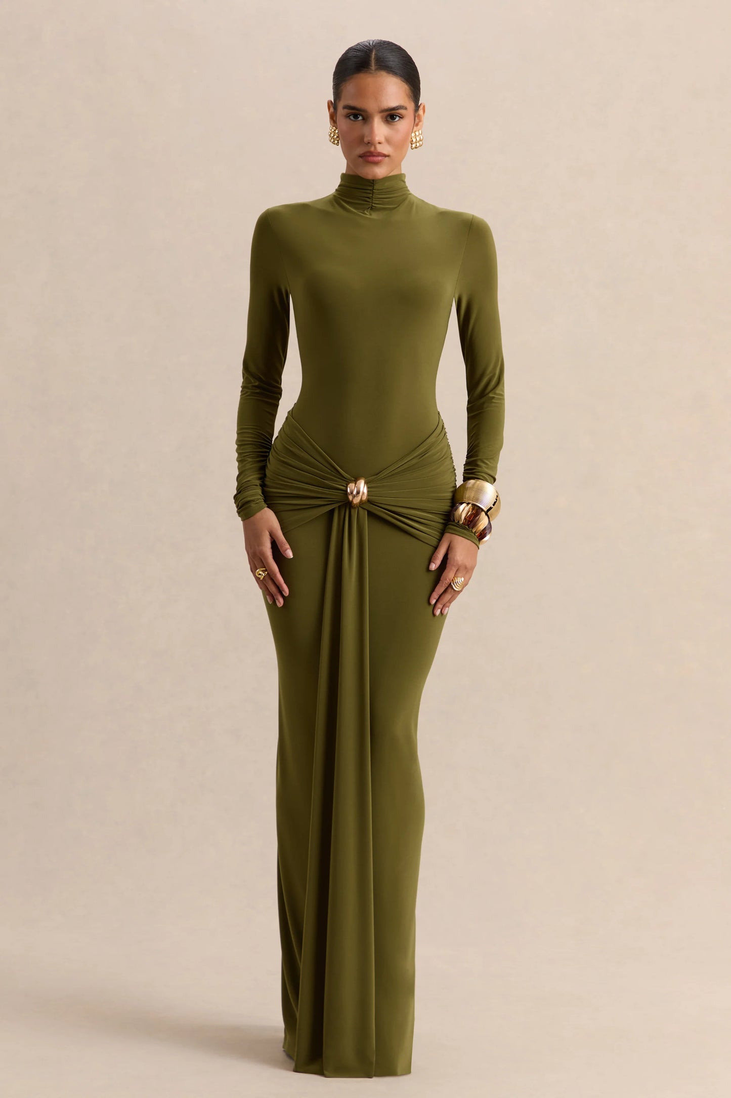 Ambrette Olive High-Neck Maxi Dress With Gathered-Detailing