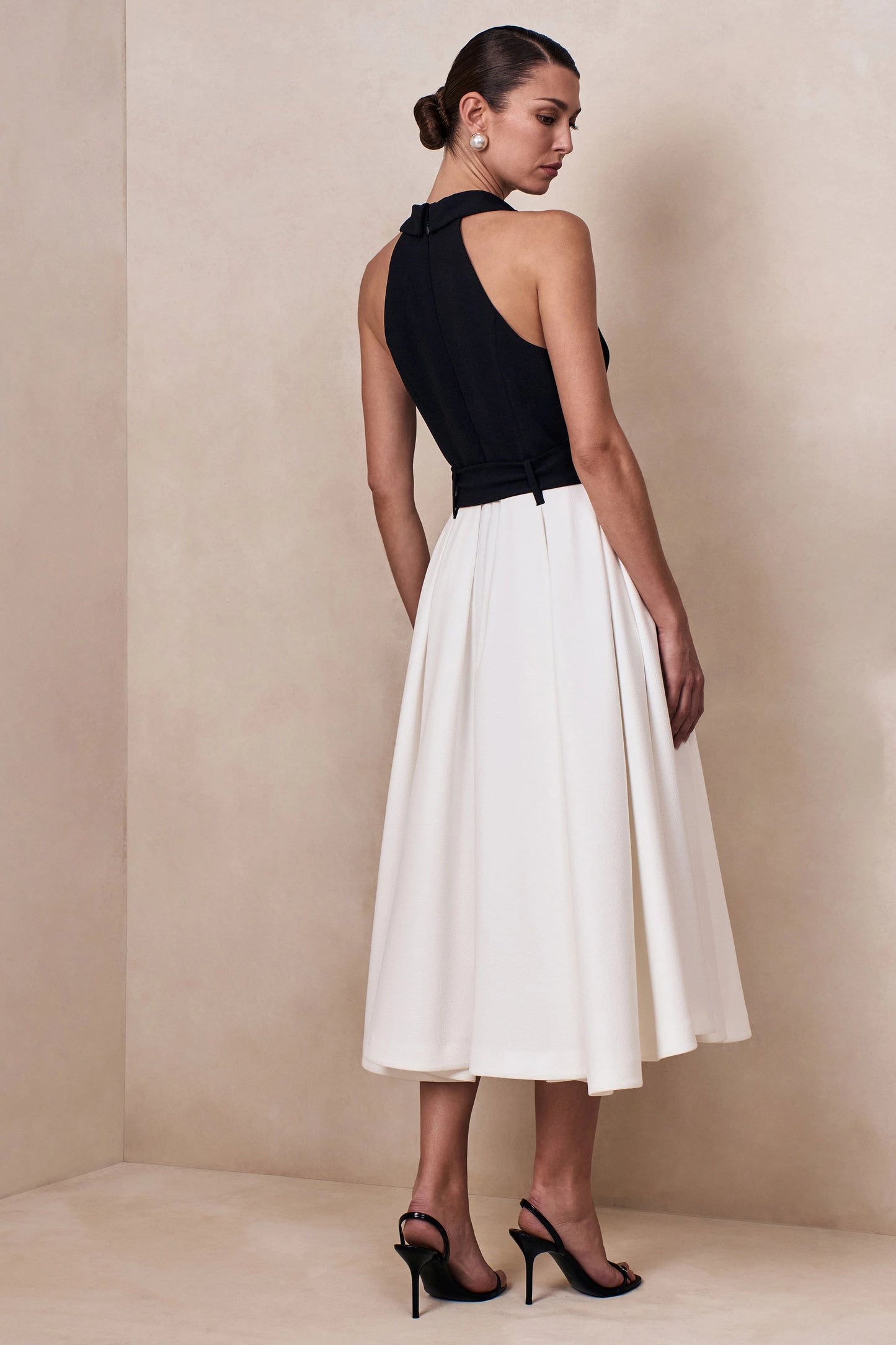 Alessa Black & White Plunge-Neck Tailored Midi Dress