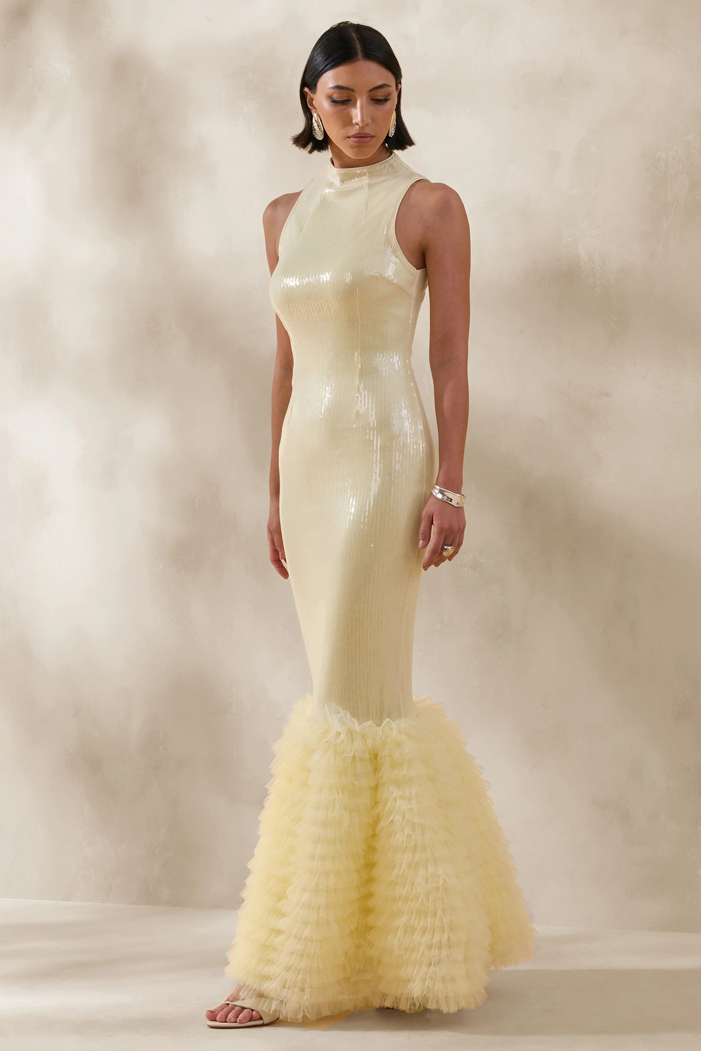 Teila Lemon Sequin High-Neck Fishtail Maxi Dress