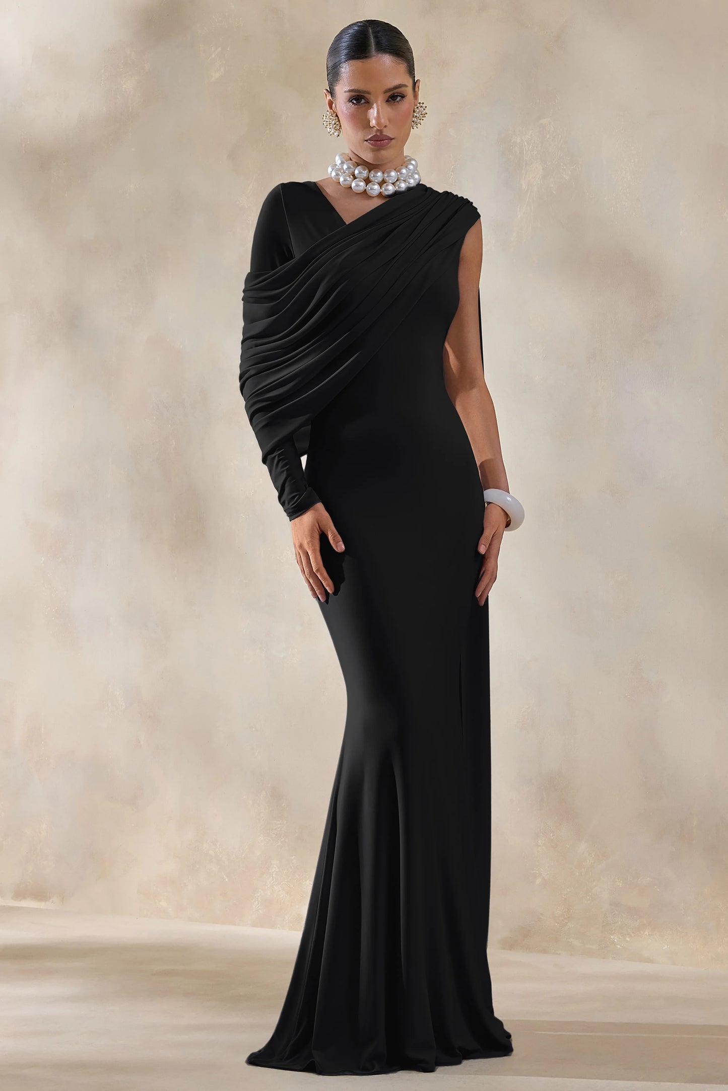 Rubelle Black Asymmetric-Neck Maxi Dress With Draped-Detailing