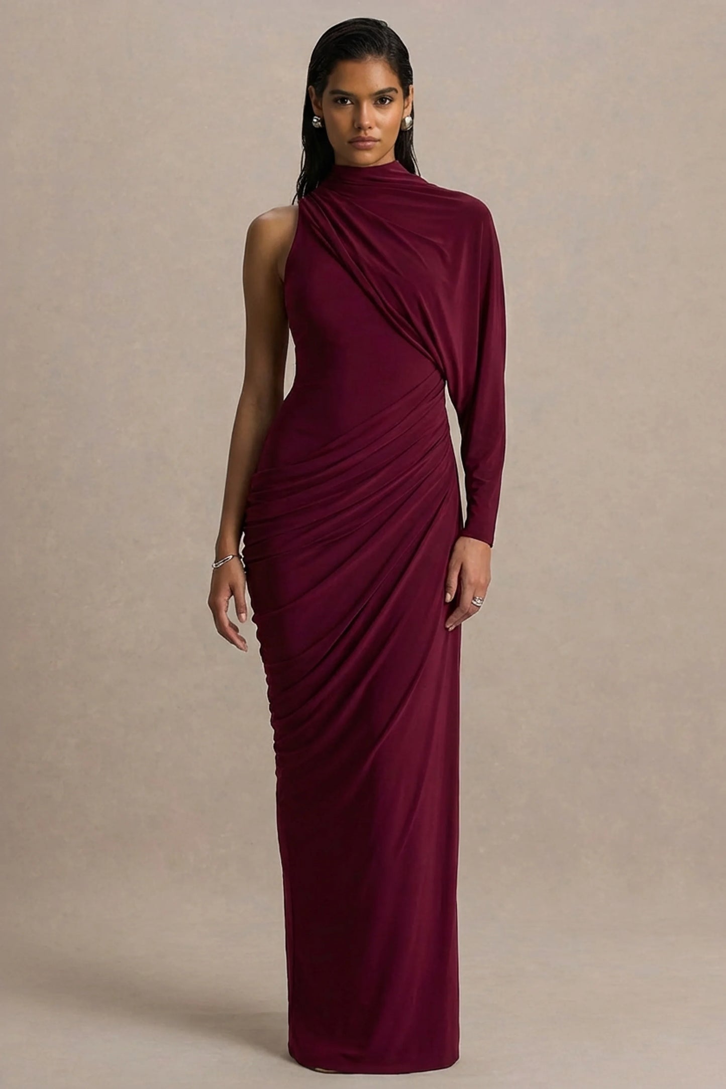 Aphra Burgundy High-Neck Maxi Dress With Cape-Sleeve