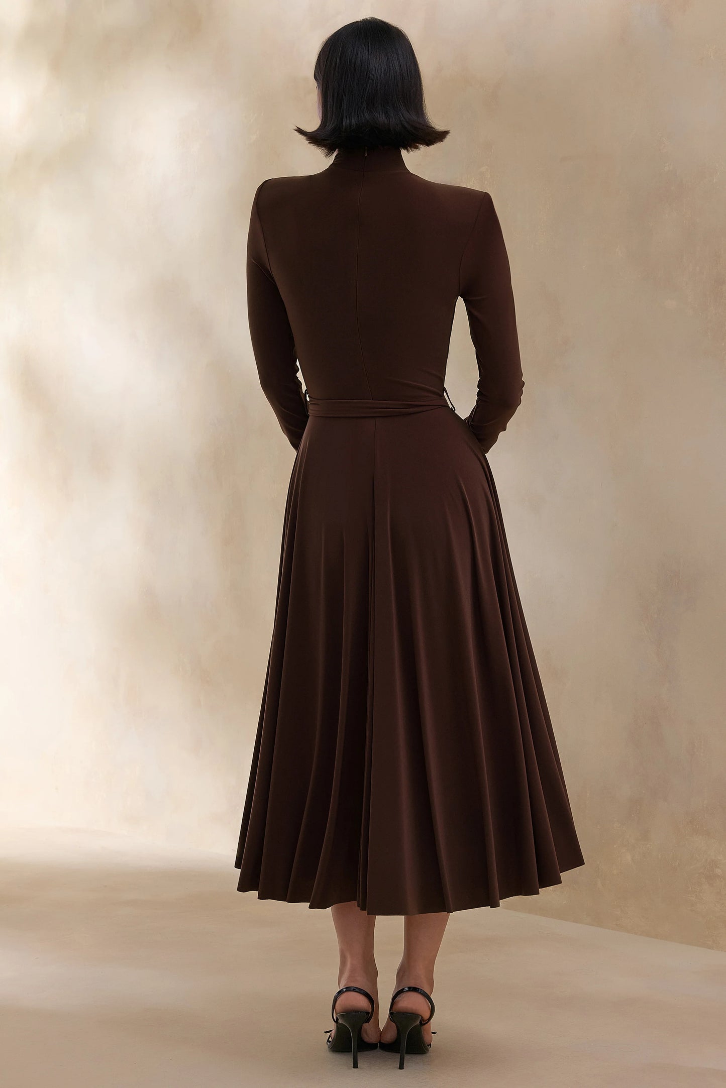 Opalia Brown High-Neck Belted Midi Dress
