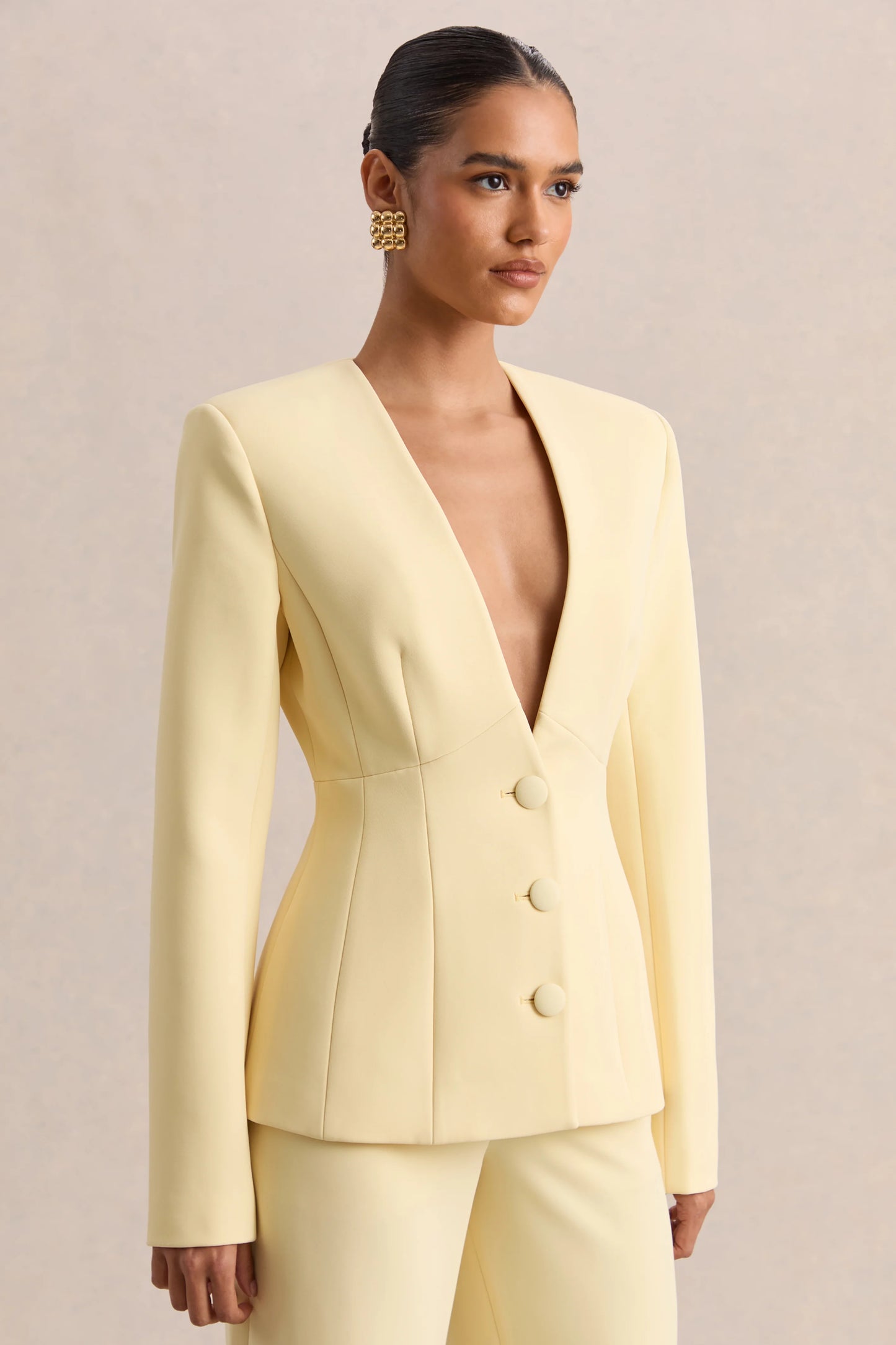 Rosalina Lemon Extreme-Plunge Neck Tailored Blazer