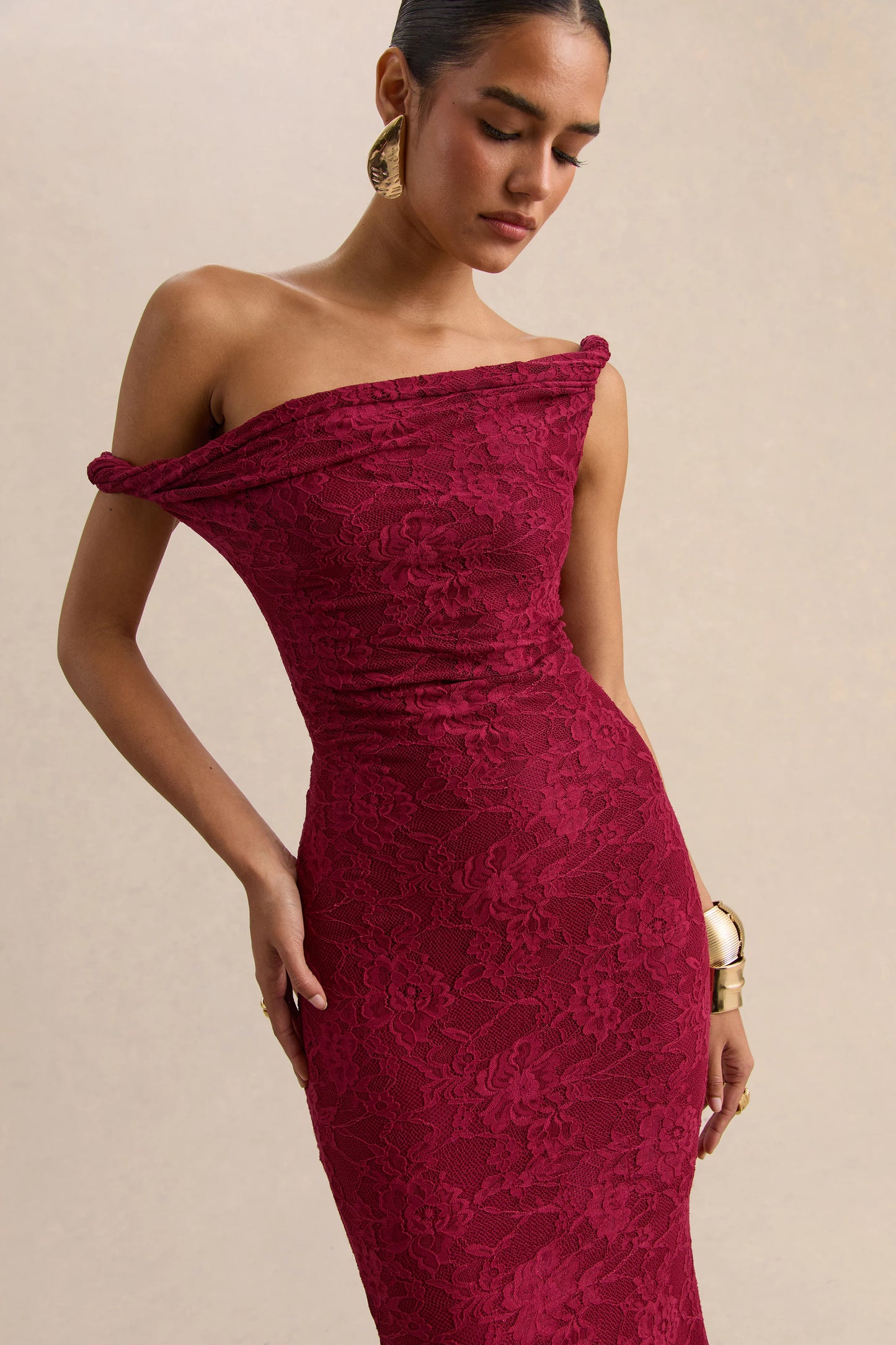 Afina Burgundy Lace Asymmetric-Neck Maxi Dress