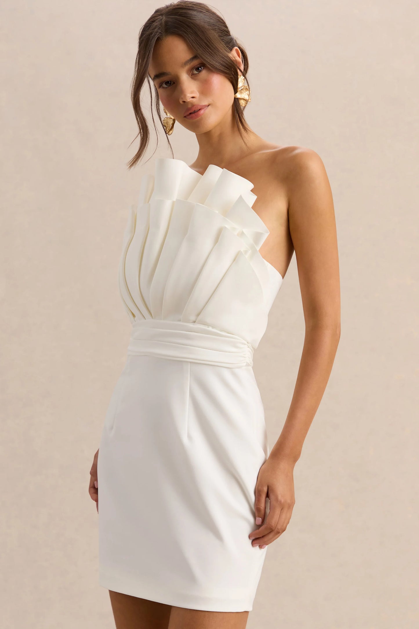 Pastoral White Ruffled Asymmetric-Neck Mini Dress
