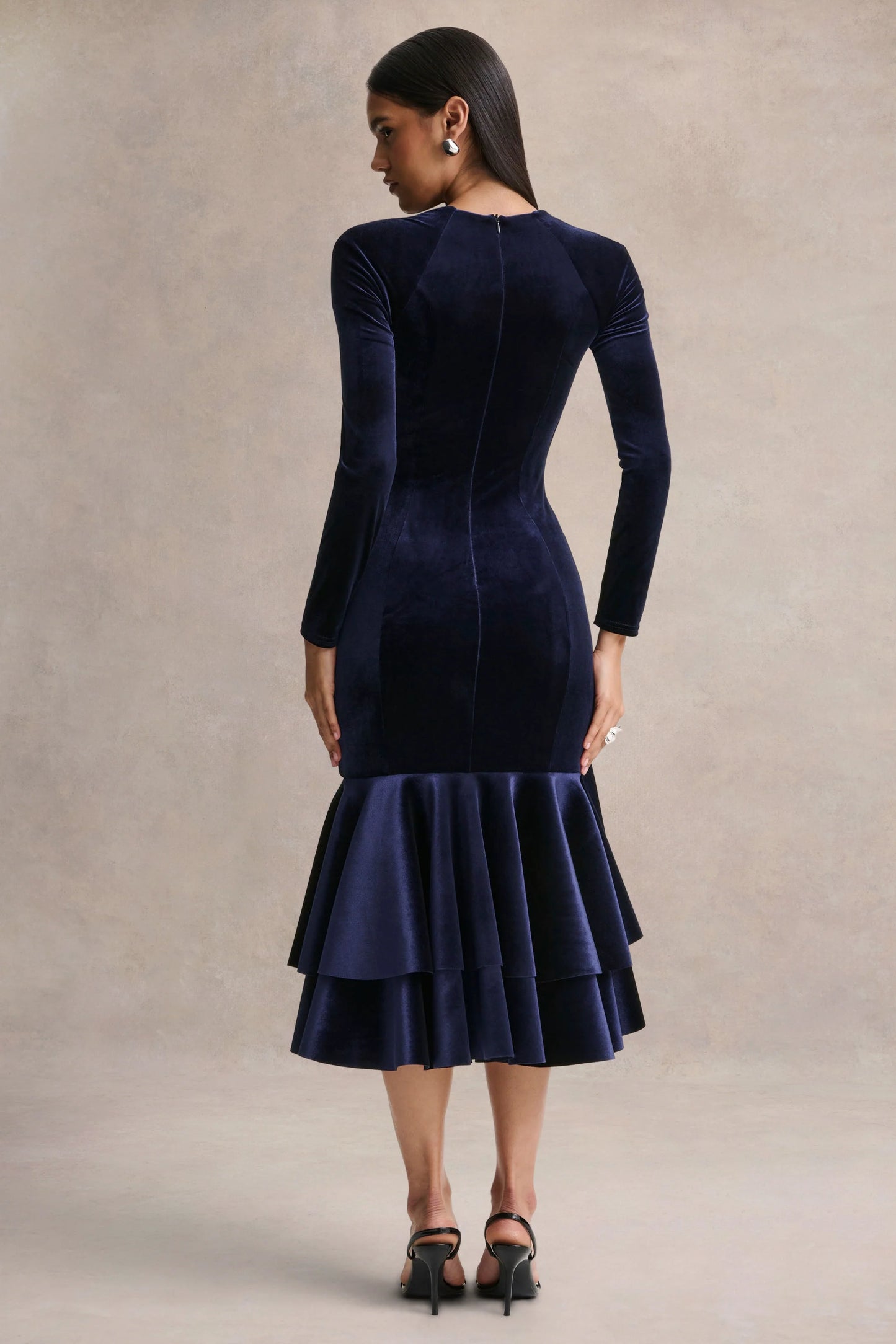 Emberlyn Navy Velvet Scoop-Neck Fishtail Midi Dress