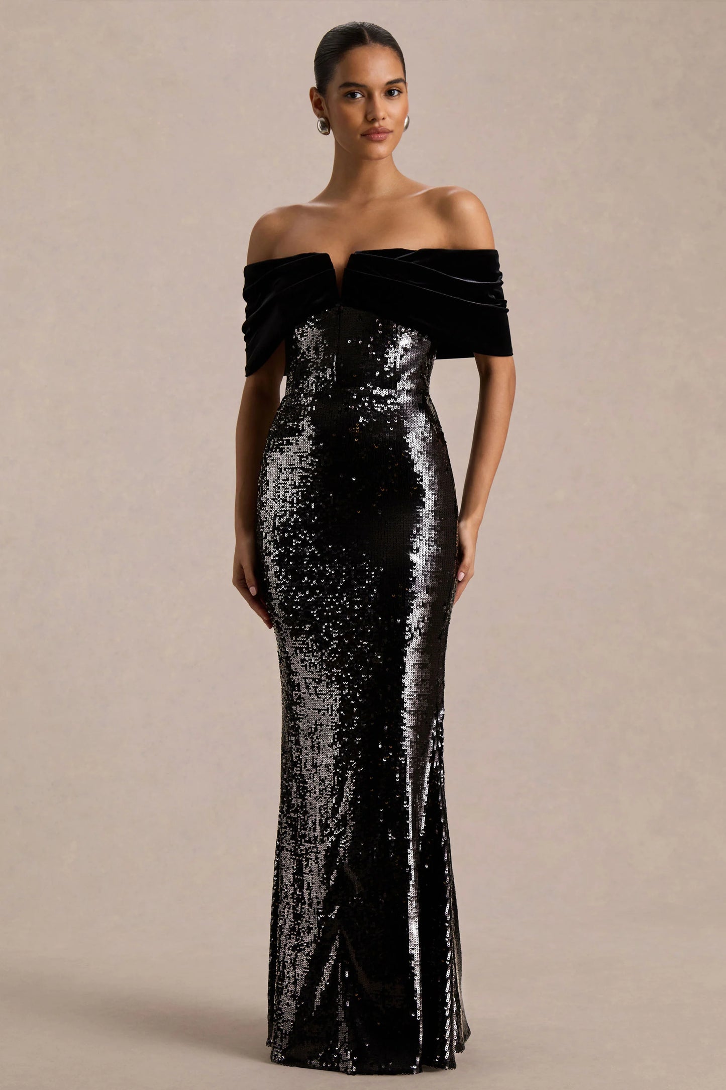 Bex Black Sequin And Velvet Bardot-Neck Maxi Dress