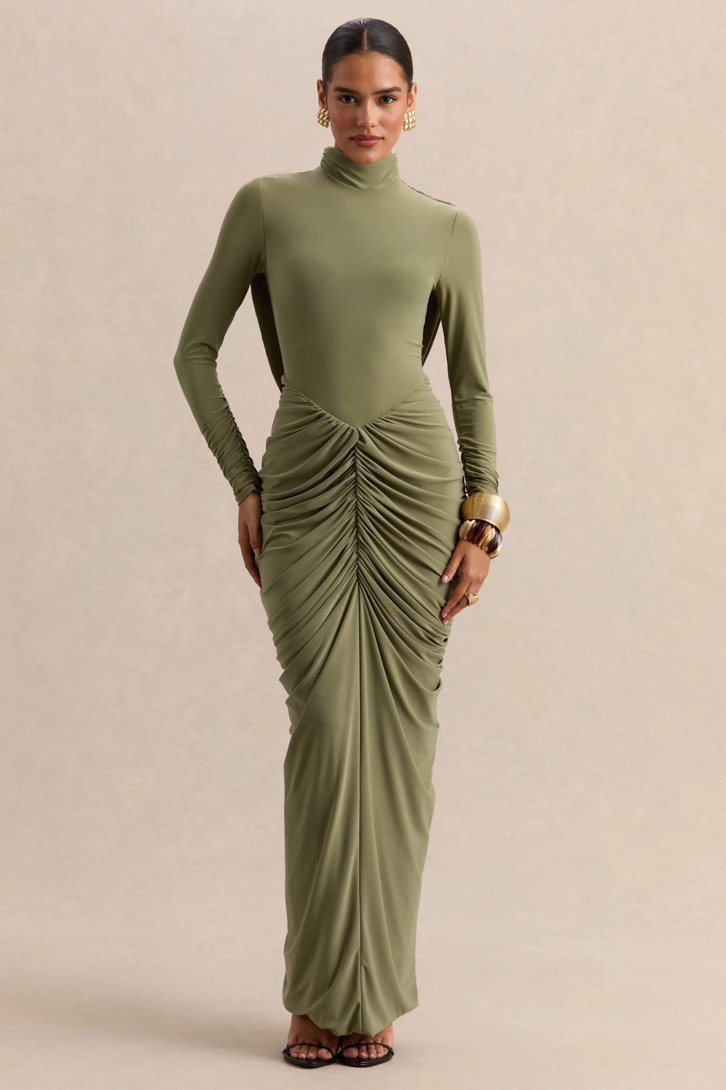 Harmona Olive High-Neck Maxi Dress With Gathered And Draped-Detailing
