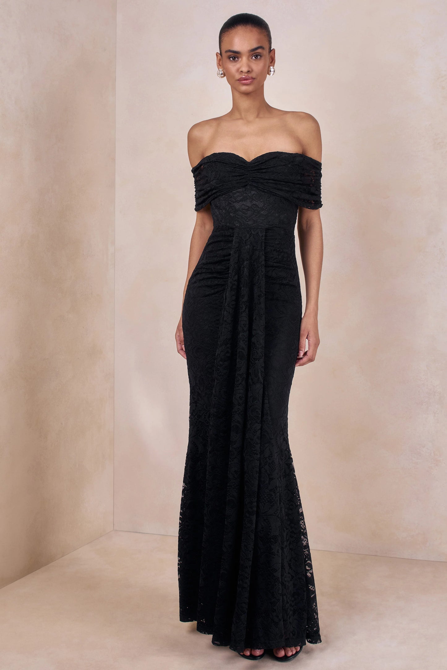 Aries Black Lace Bardot-Neck Maxi Dress With Gathered Detailing