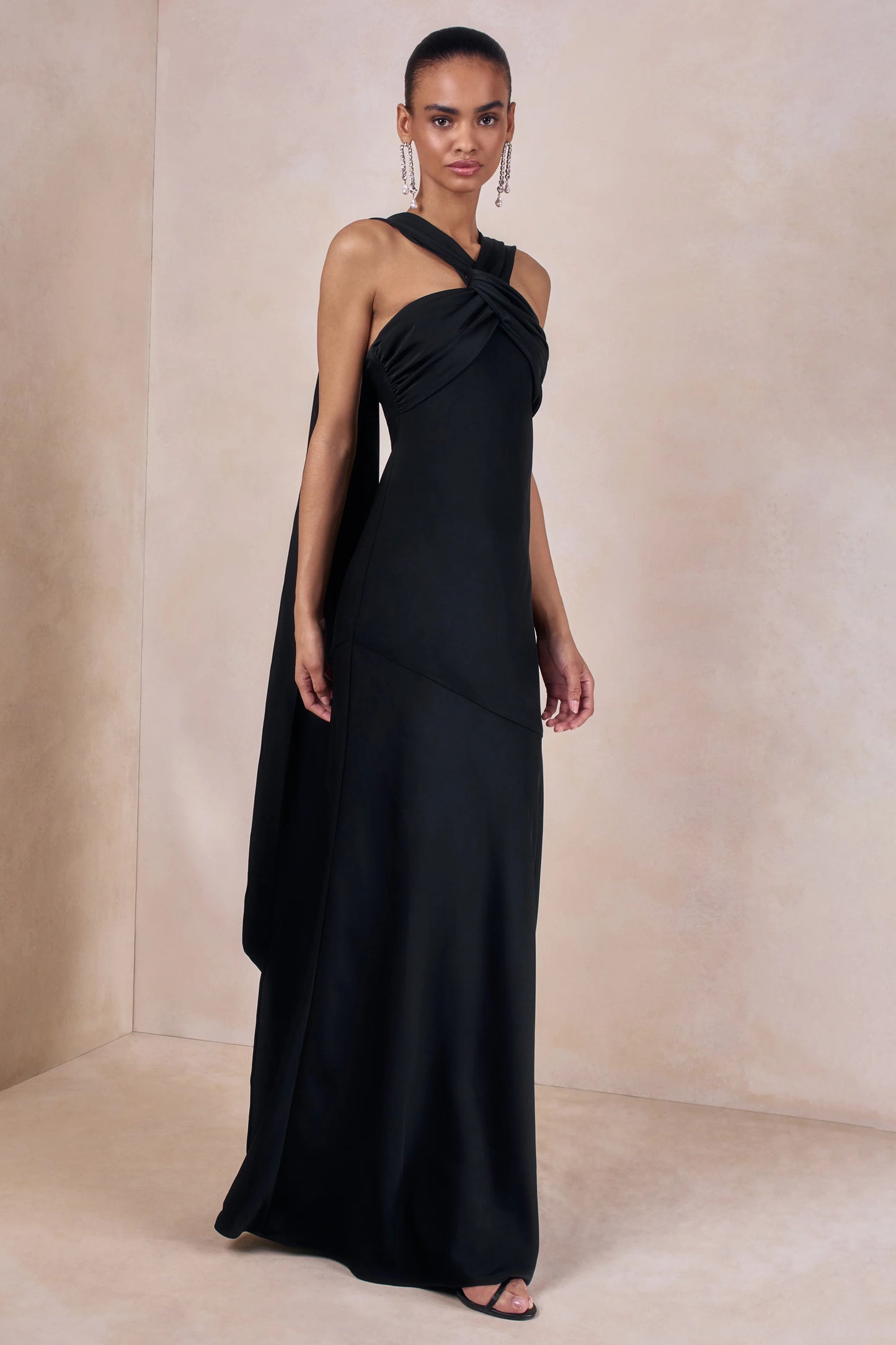Sloane Black Matte Satin Halter-Neck Maxi Dress With Cape