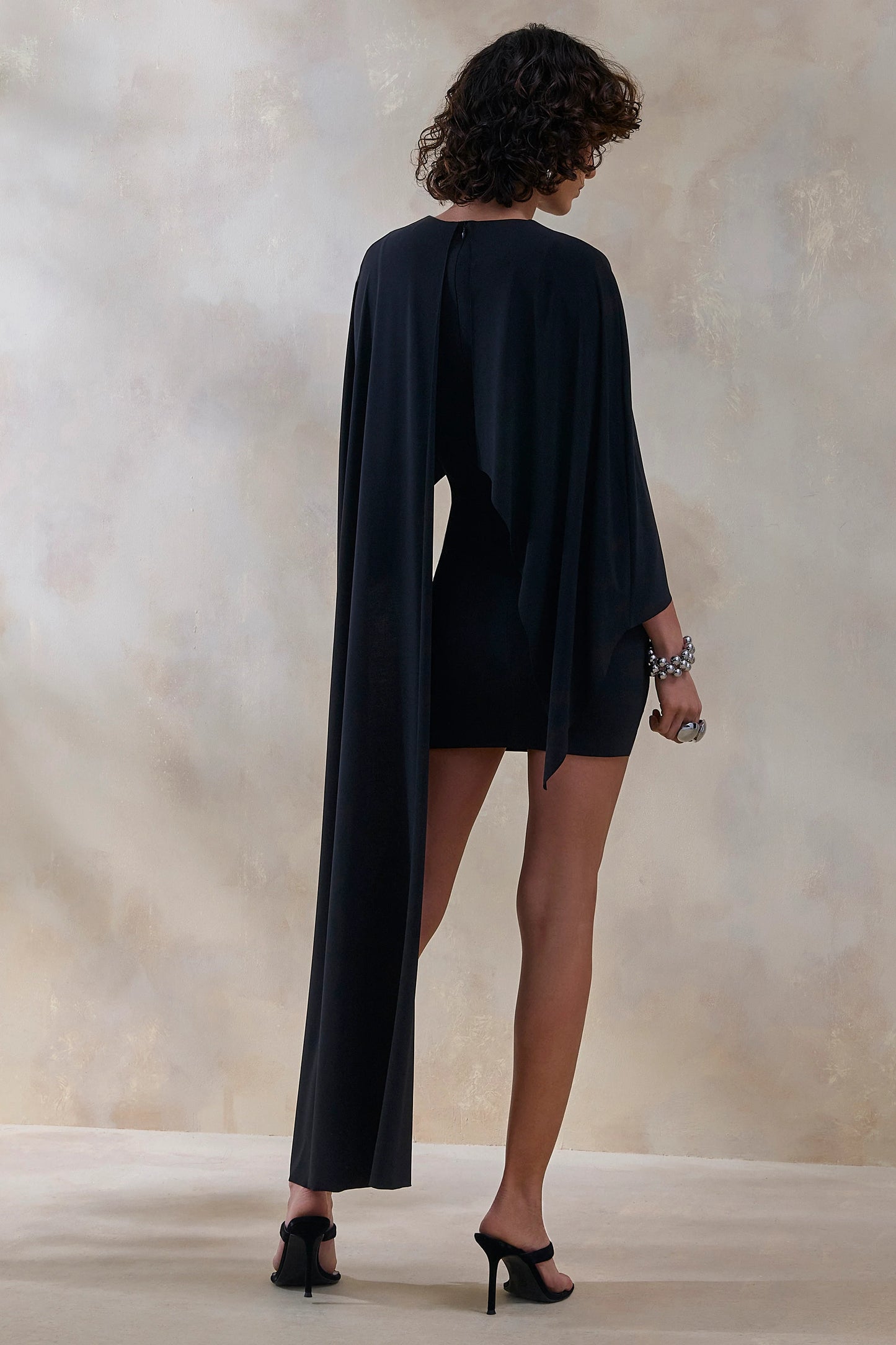 Prislia Black Round-Neck Mini Dress With Cape