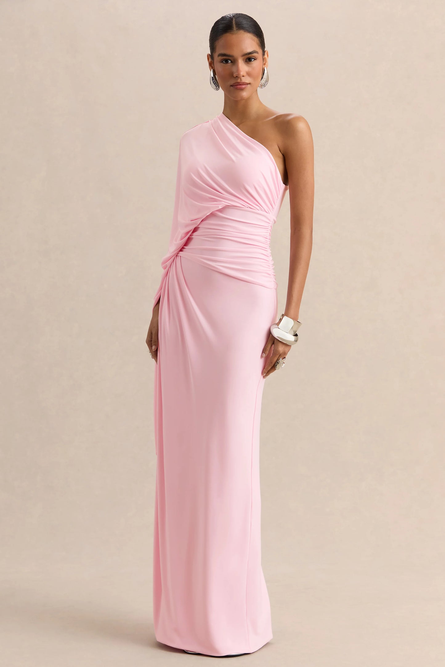 Sabella Pink Asymmetric-Neck Maxi Dress