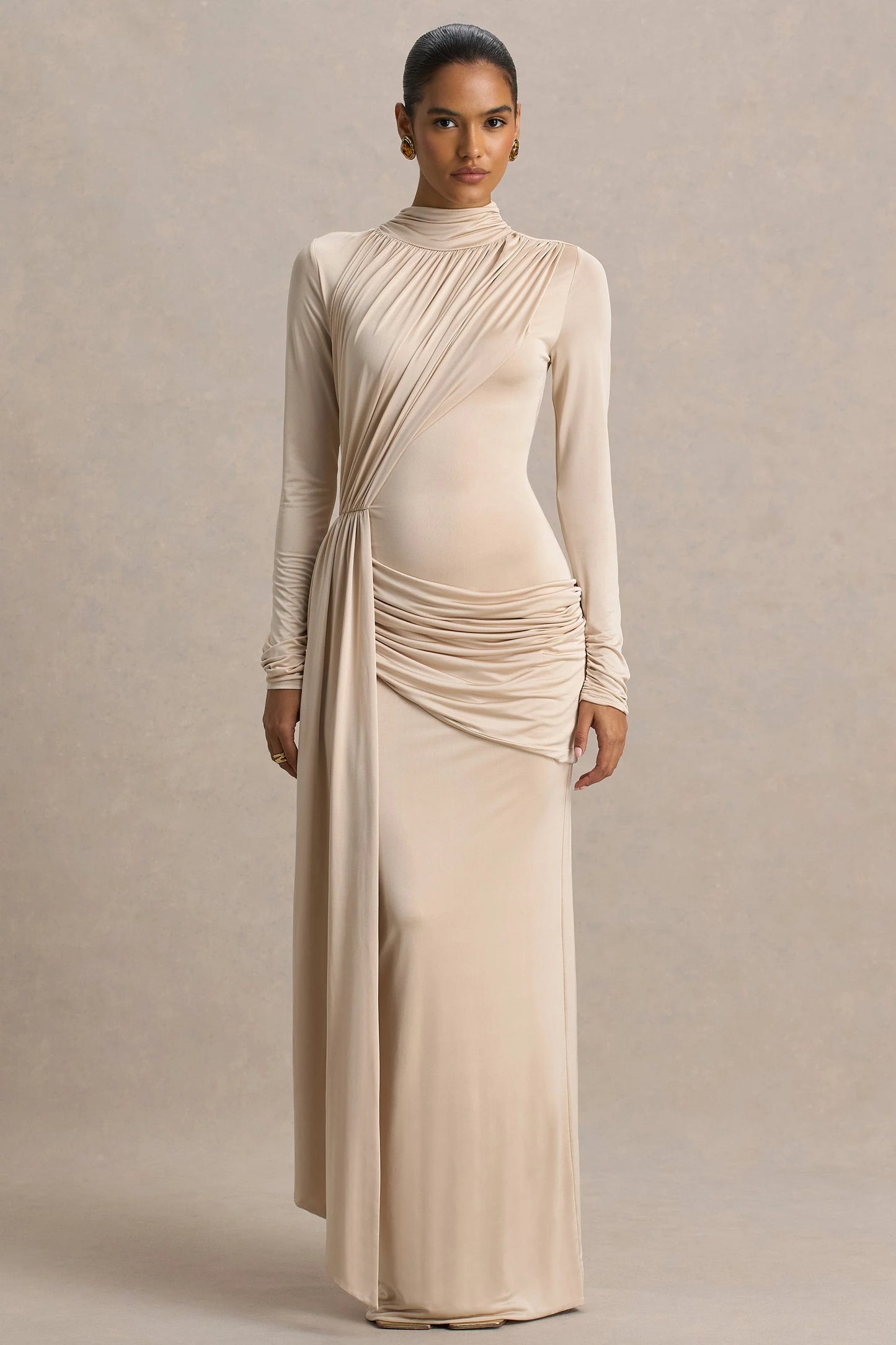 Romi Champagne High-Neck Maxi Dress With Ruched Detailing