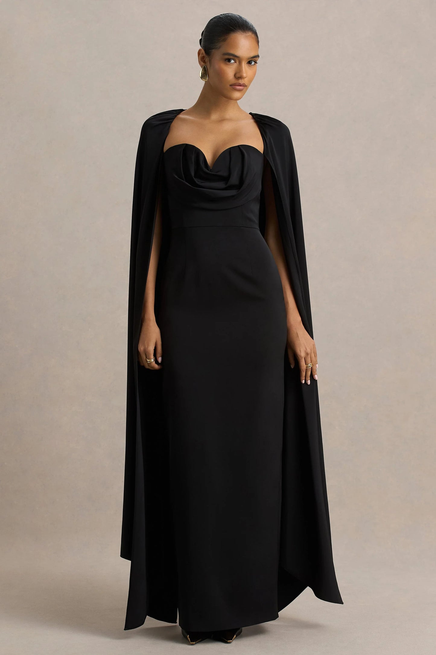 Wren Black Satin Sweetheart-Neck Maxi Dress With Cape Sleeves