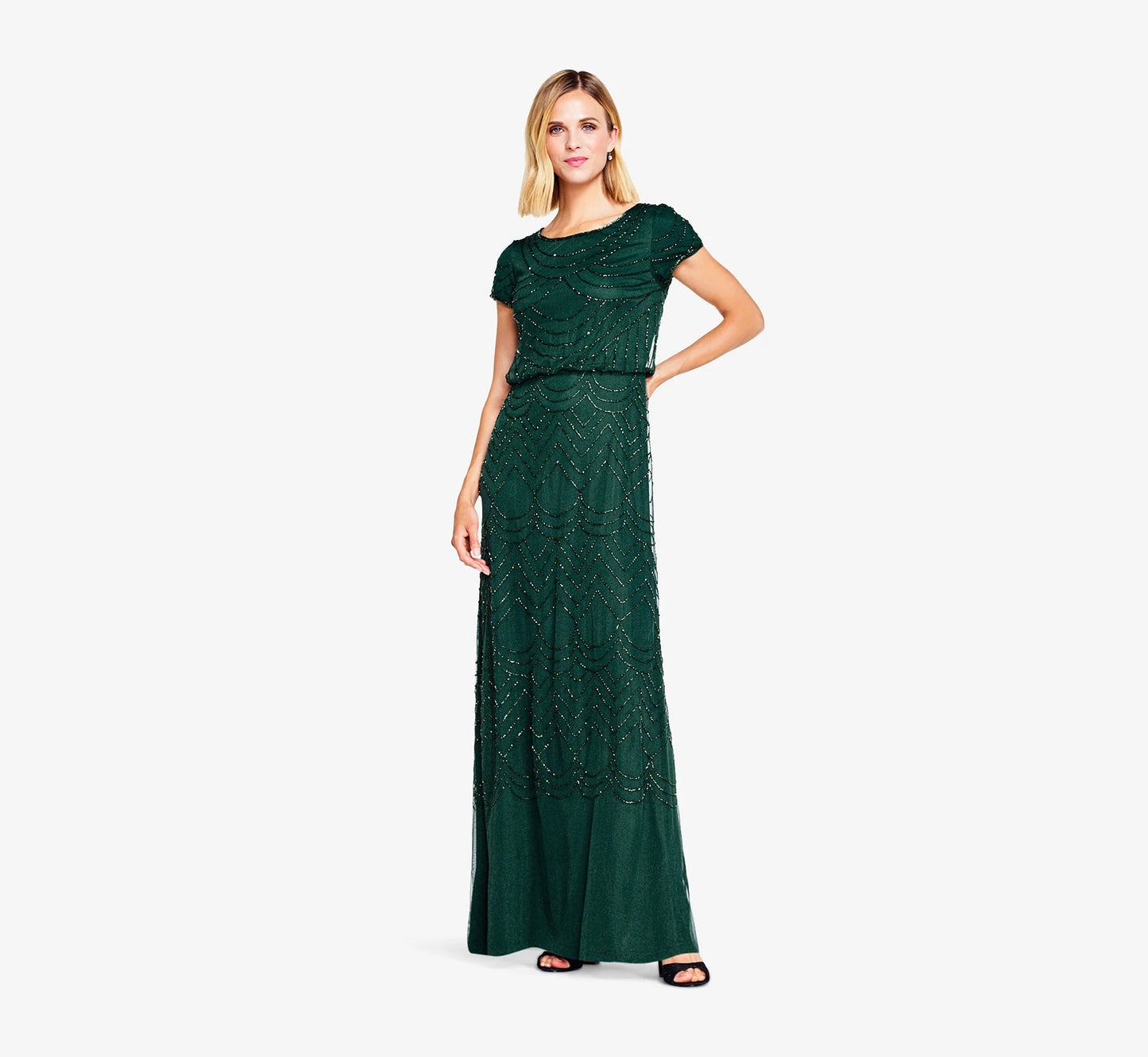 Short Sleeve Beaded Blouson Gown In Dusty Emerald