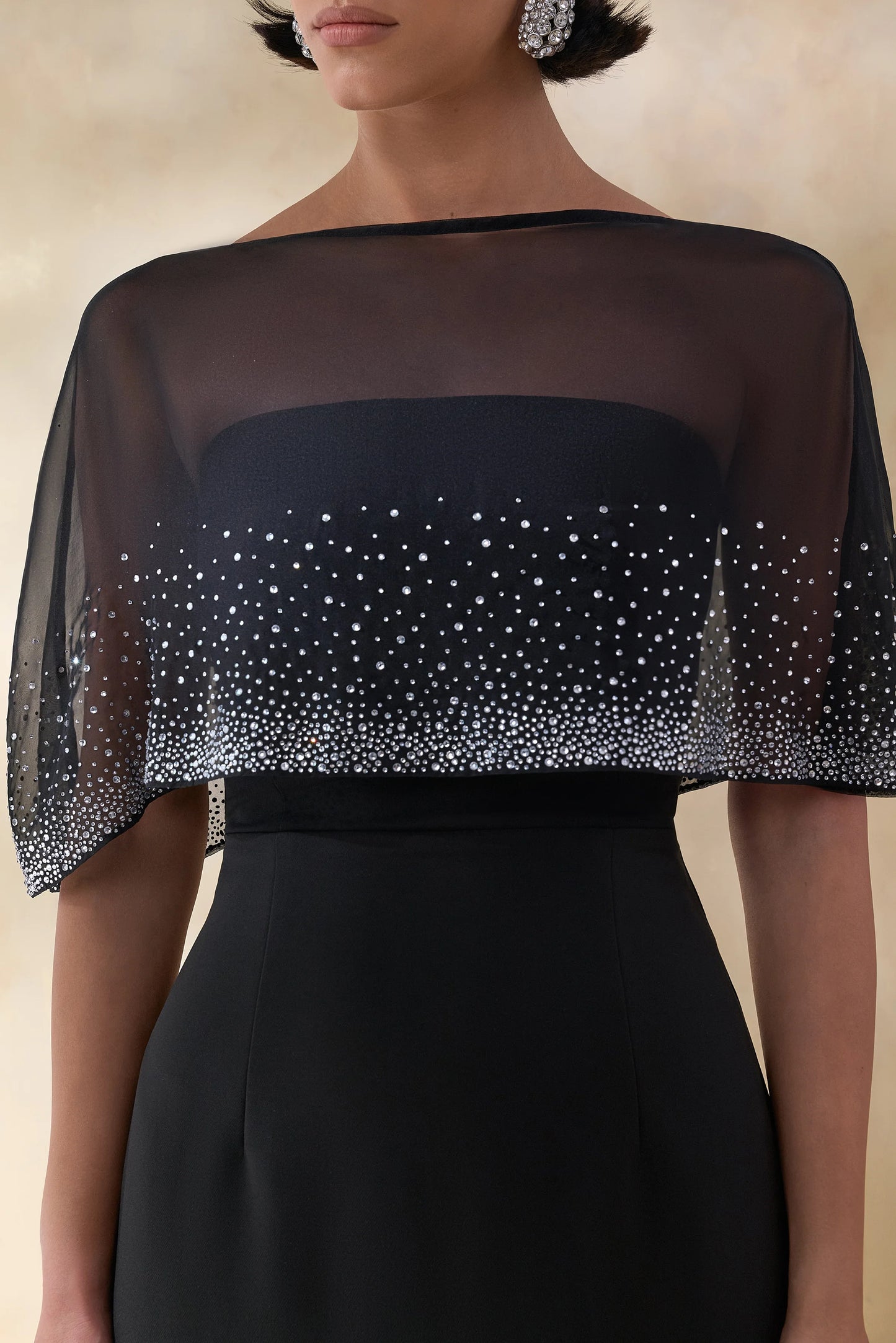 Everly Black Hand-Embellished Cape-Sleeve Maxi Dress