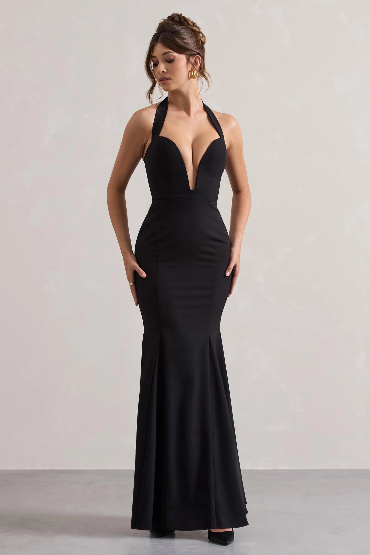 Plaza Black Plunge Halter-Neck Fishtail Maxi Dress