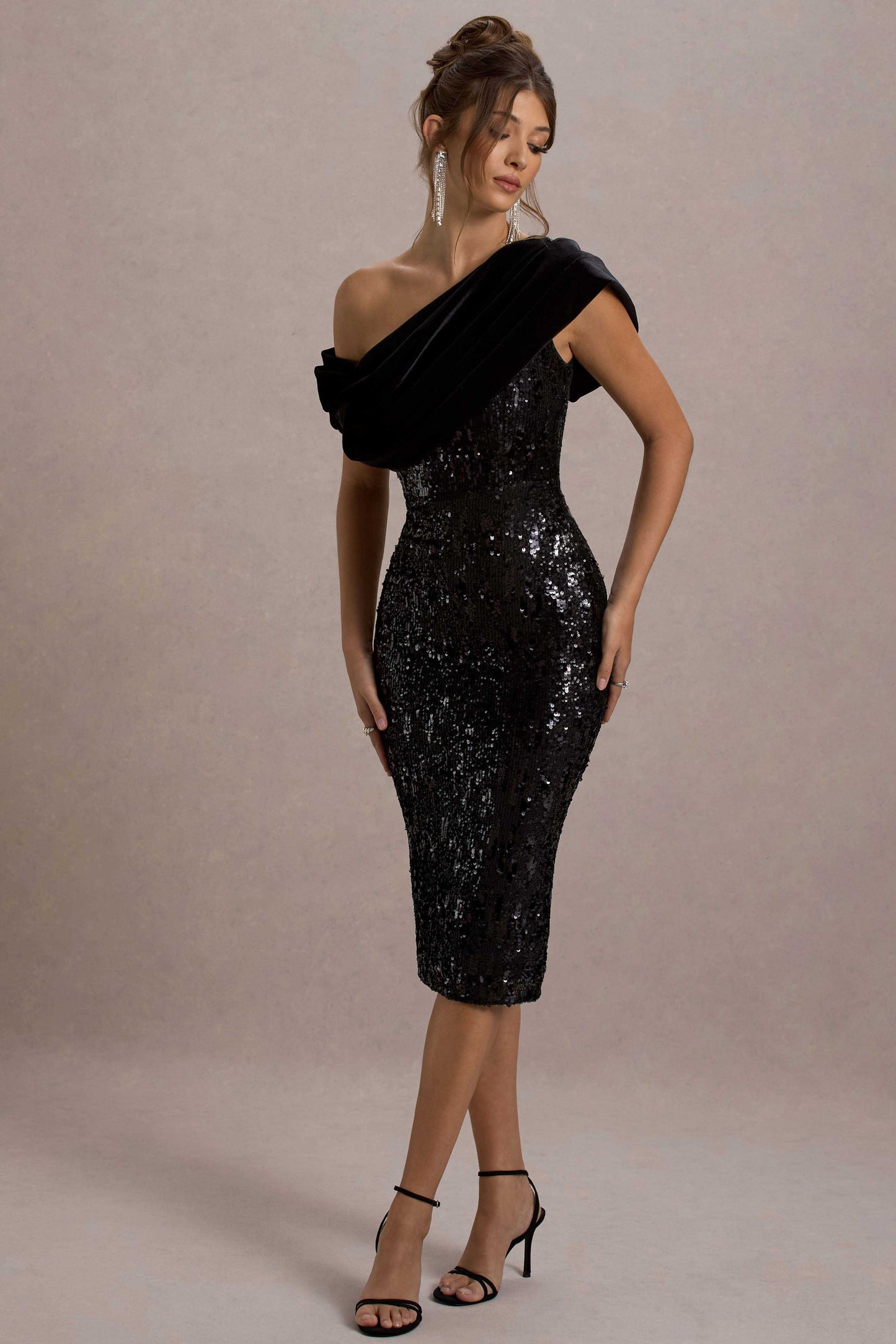 Volute Black Sequin One-Shoulder Draped Midi Dress