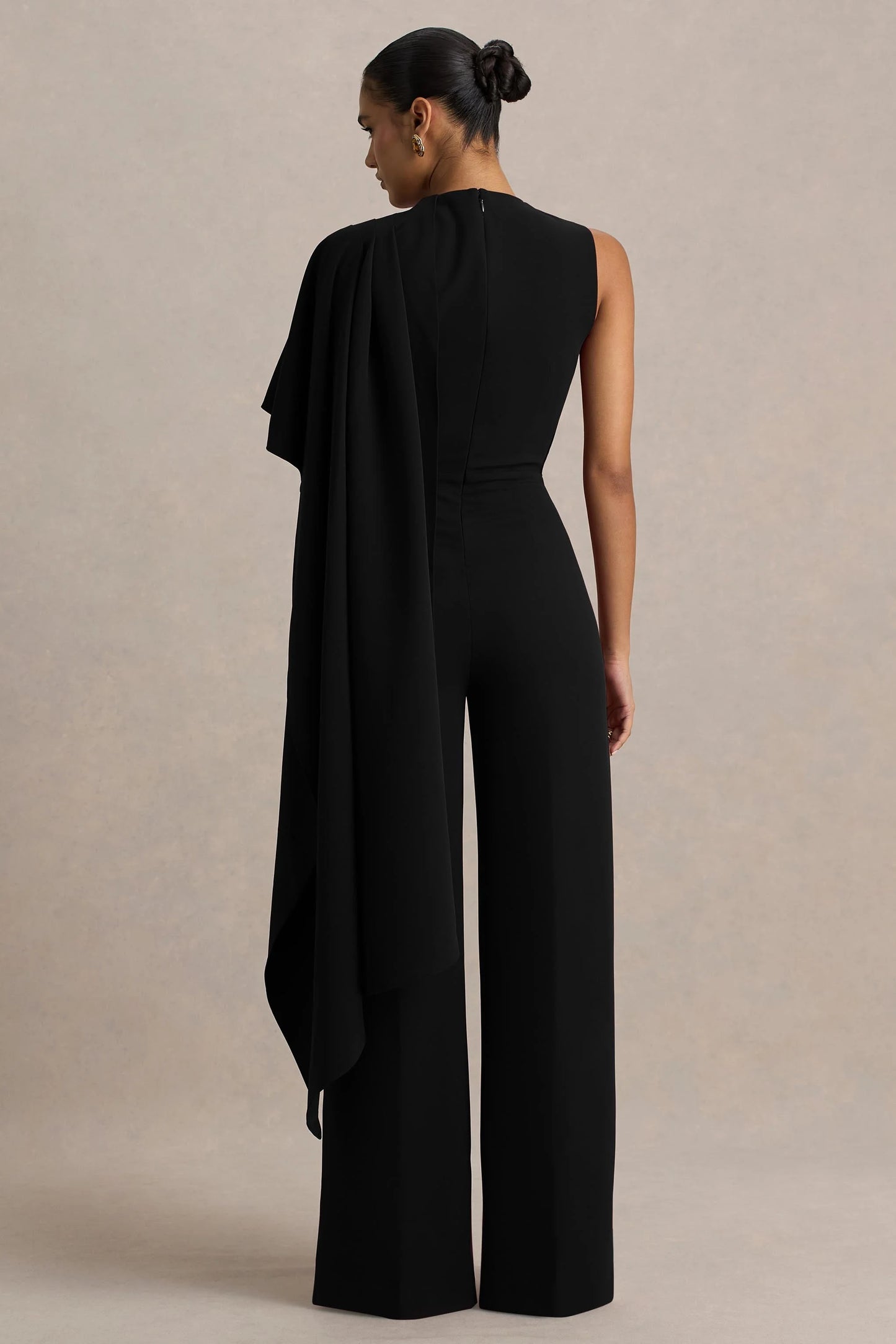 Sorenia Black High-Neck Jumpsuit With One-Cape Sleeve