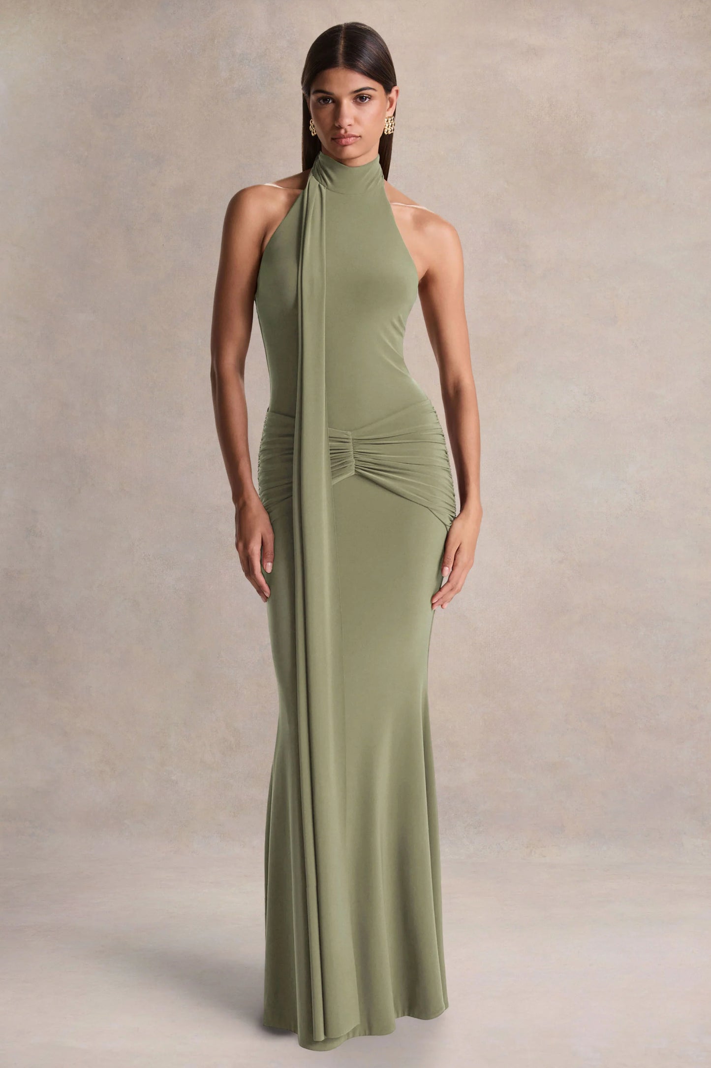 Hyla Green High-Neck Maxi Dress With Sash-Detail