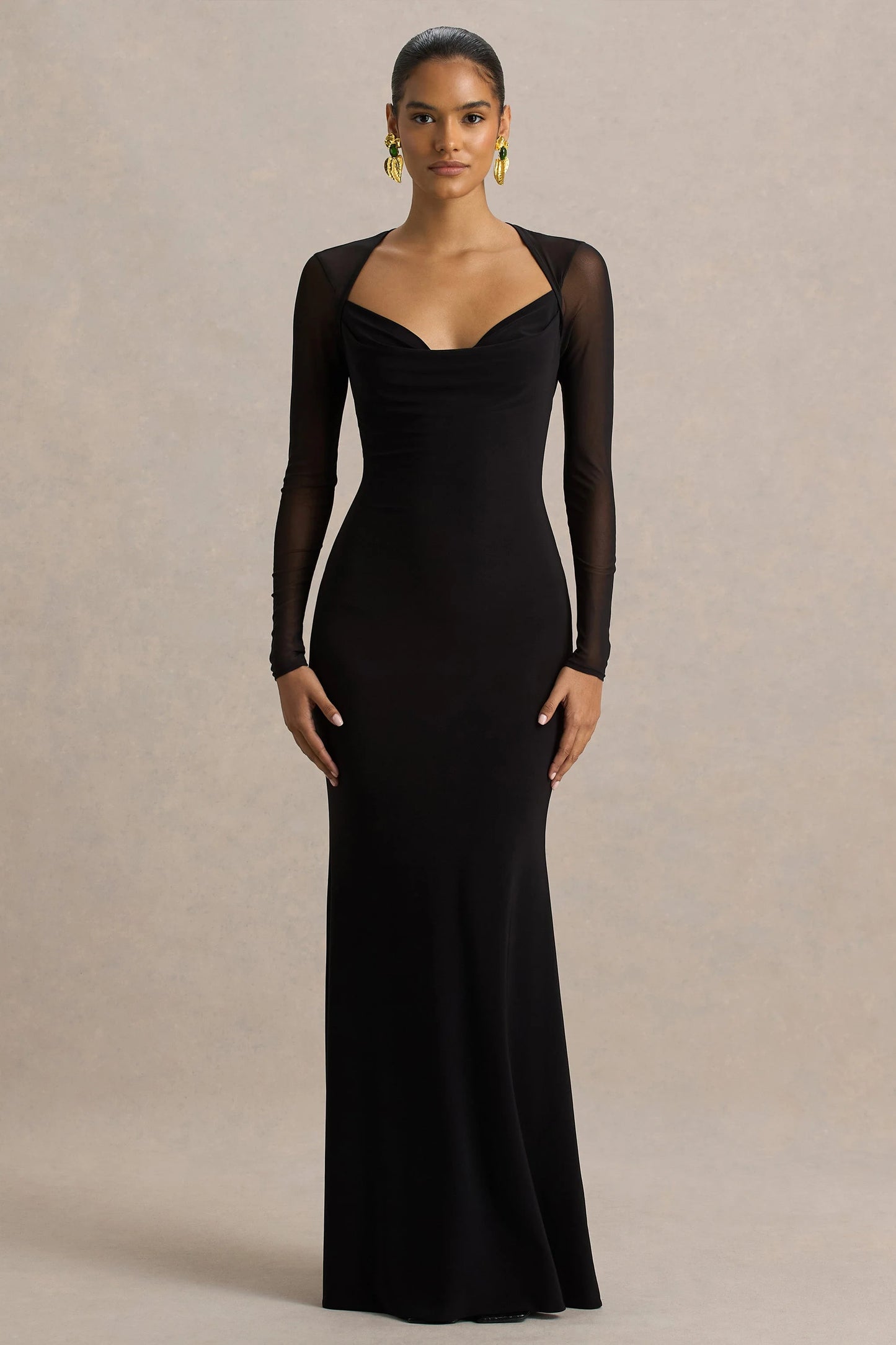 Bethan Black Cowl-Neck Maxi Dress With Mesh Sleeves And Open-Back