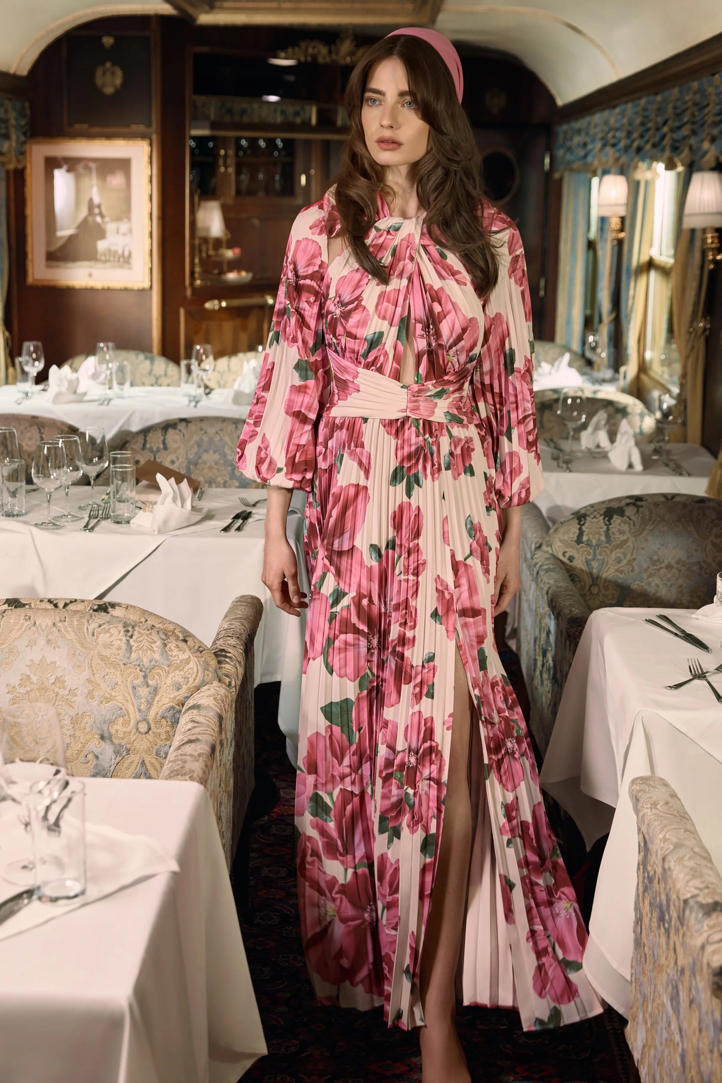 Rionna Pink Hibiscus Print High-Neck Maxi Dress With Cut-Out Detailing