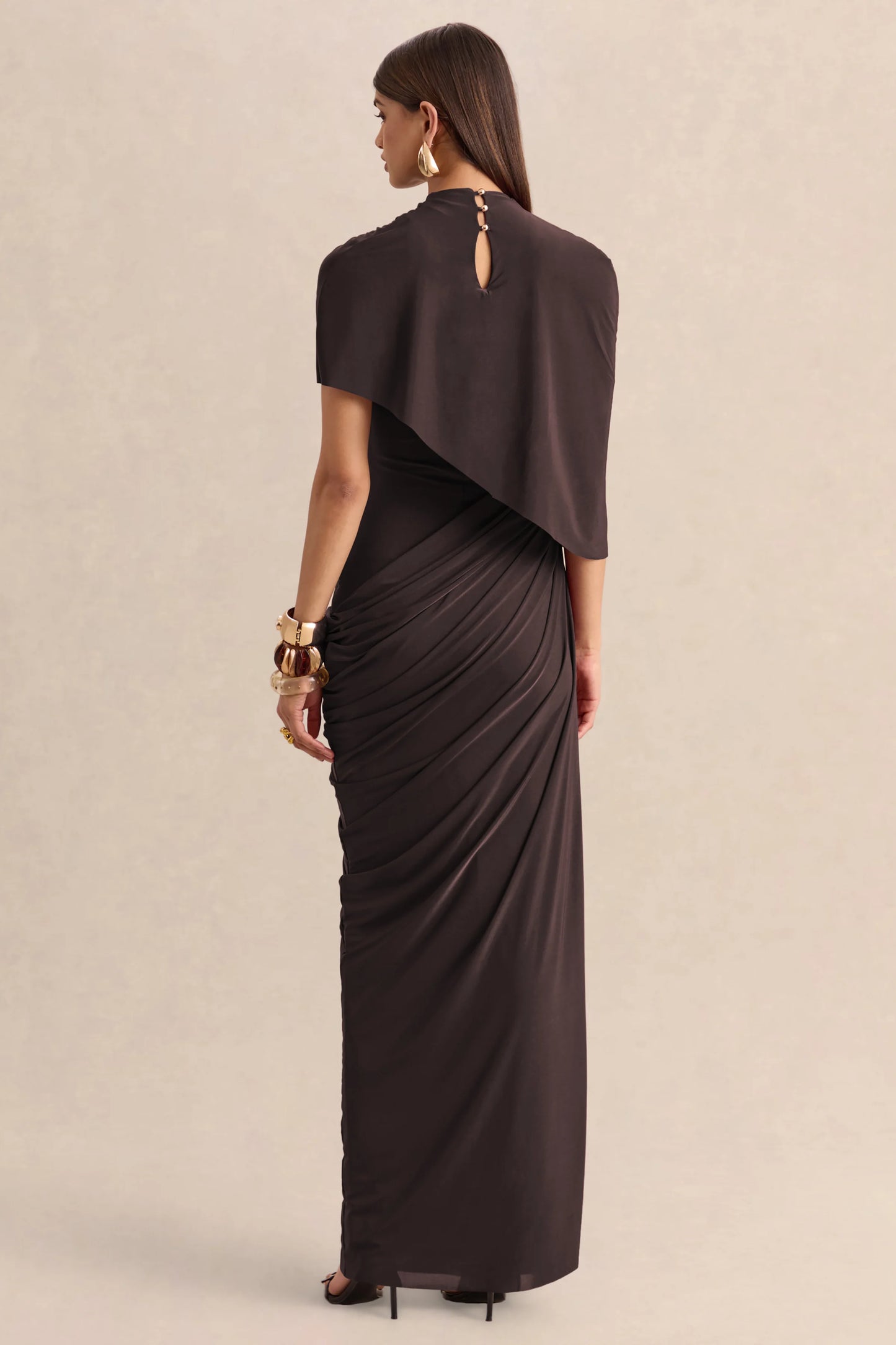 Lunaline Brown High-Neck Maxi Dress With Asymmetric Cape And Draped-Detailing