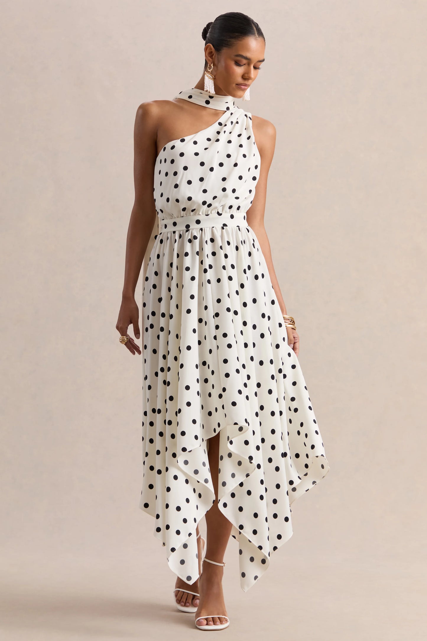 Caluna White And Black Polka Dot Satin Asymmetric-Neck Midi Dress With Scarf-Detail