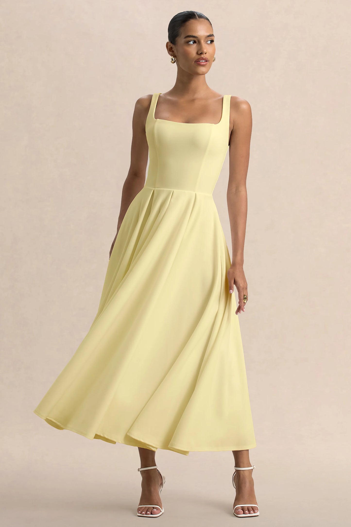 Parina Lemon Strappy Volume-Hem Midi Dress