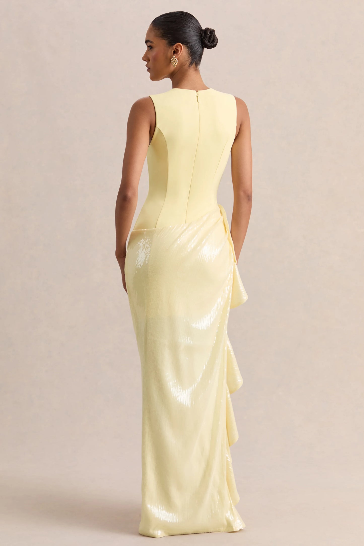 Ada Lemon Crew-Neck Maxi Dress With Sheer Skirt And Ruffled Detailing