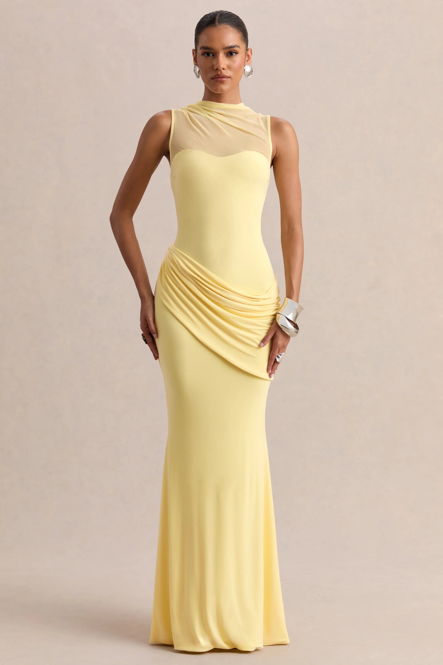 Lyssy Lemon High-Neck Maxi Dress With Mesh-Detail