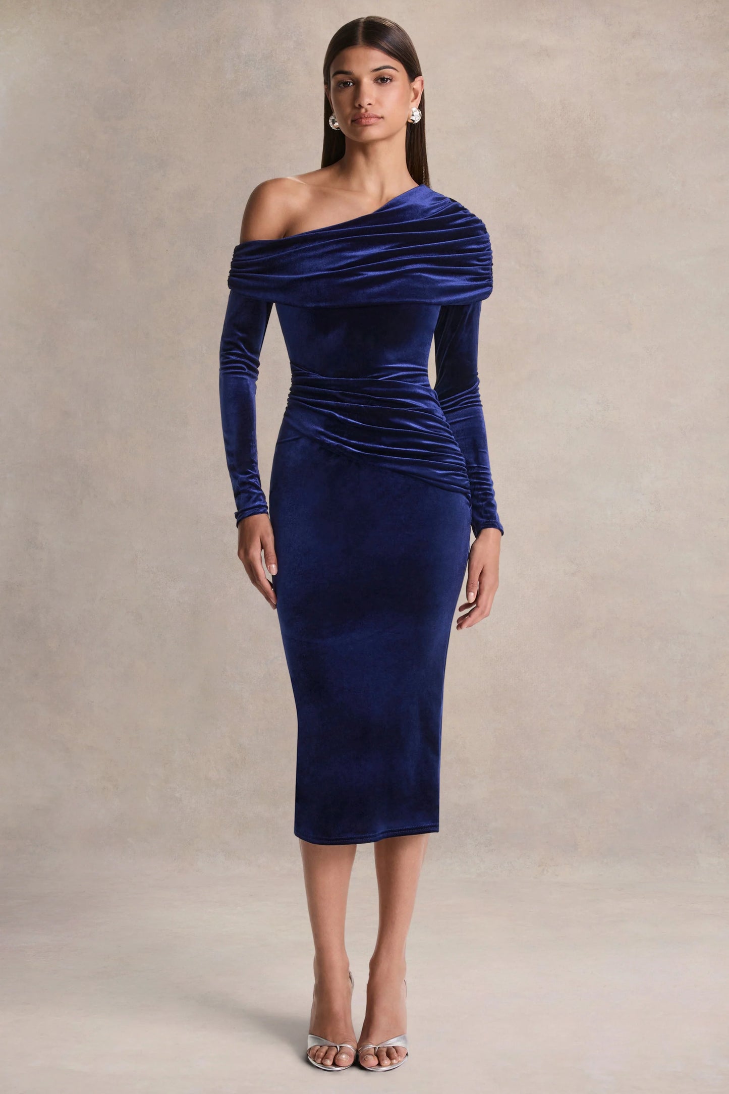 Eirene Blue Velvet Asymmetric-Neck Midi Dress