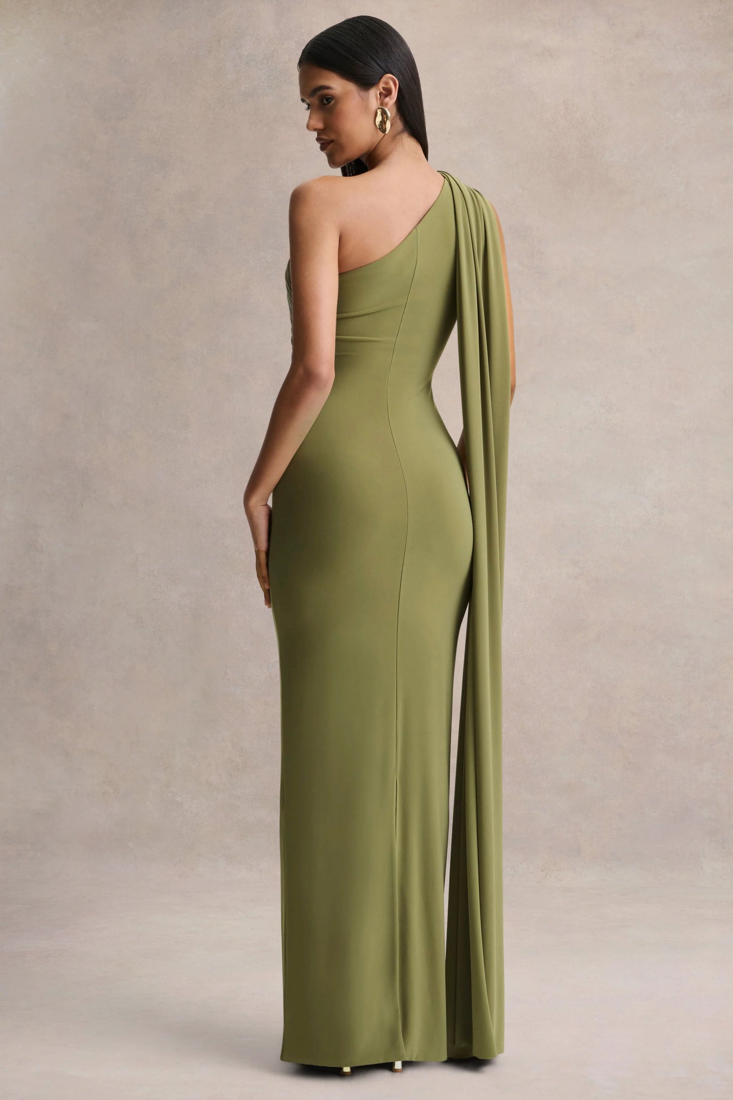 Mandy Olive Asymmetric-Neck Maxi Dress With Gold-Detail