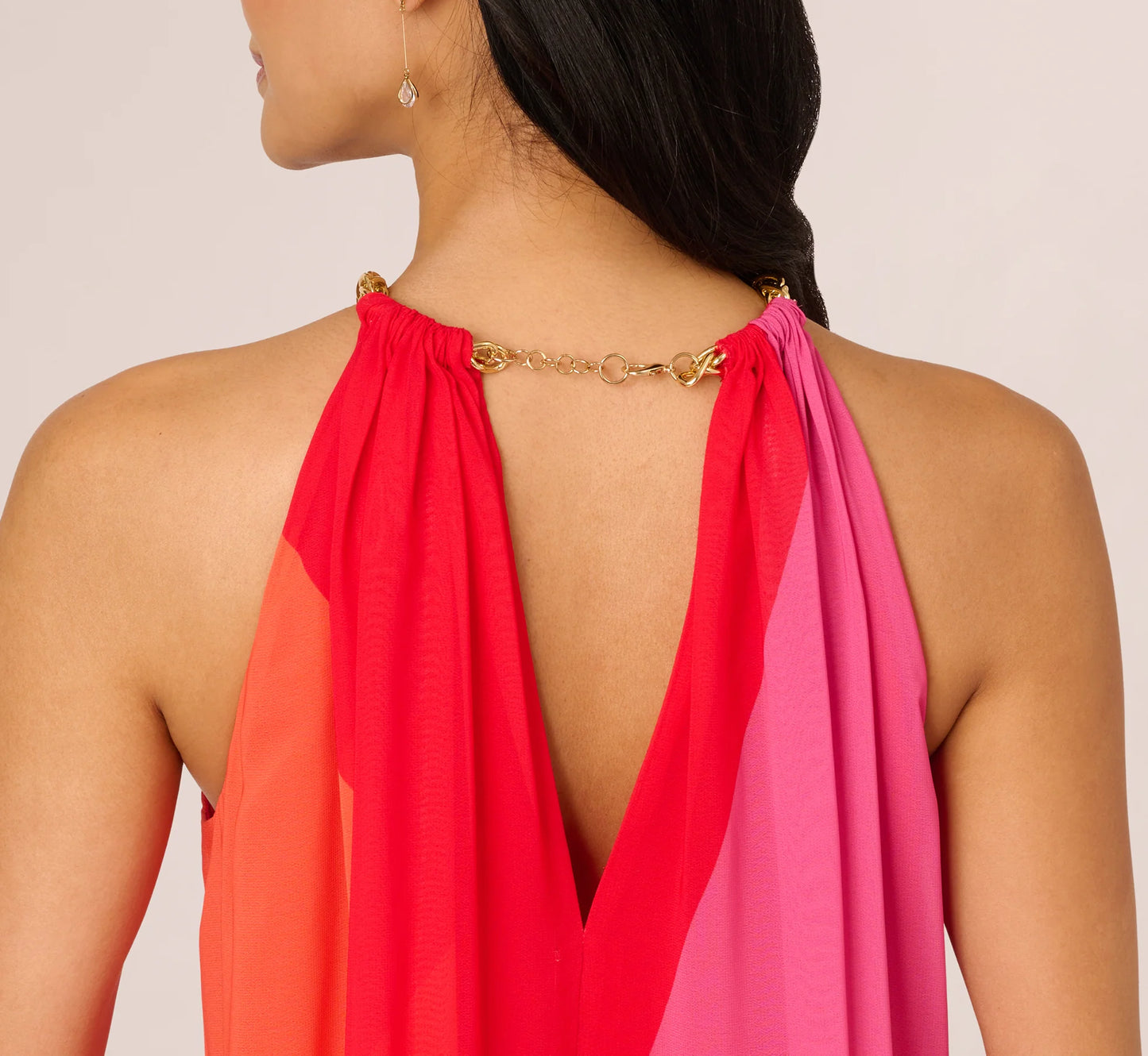 Color Block Chiffon Trapeze Dress With Chain Halter Neckline In Red Multi