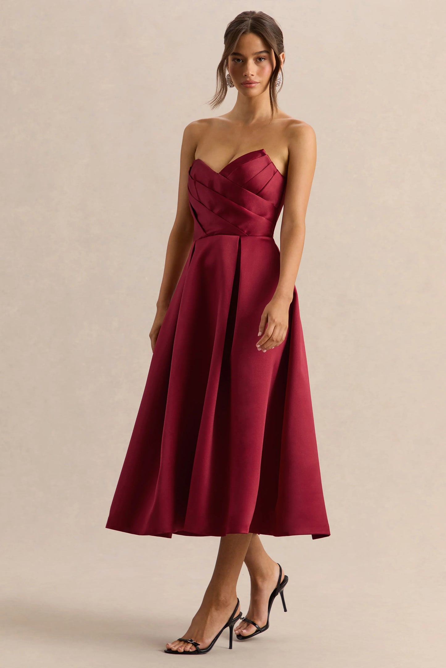 Promises Red Satin Bandeau-Neck Midi Dress