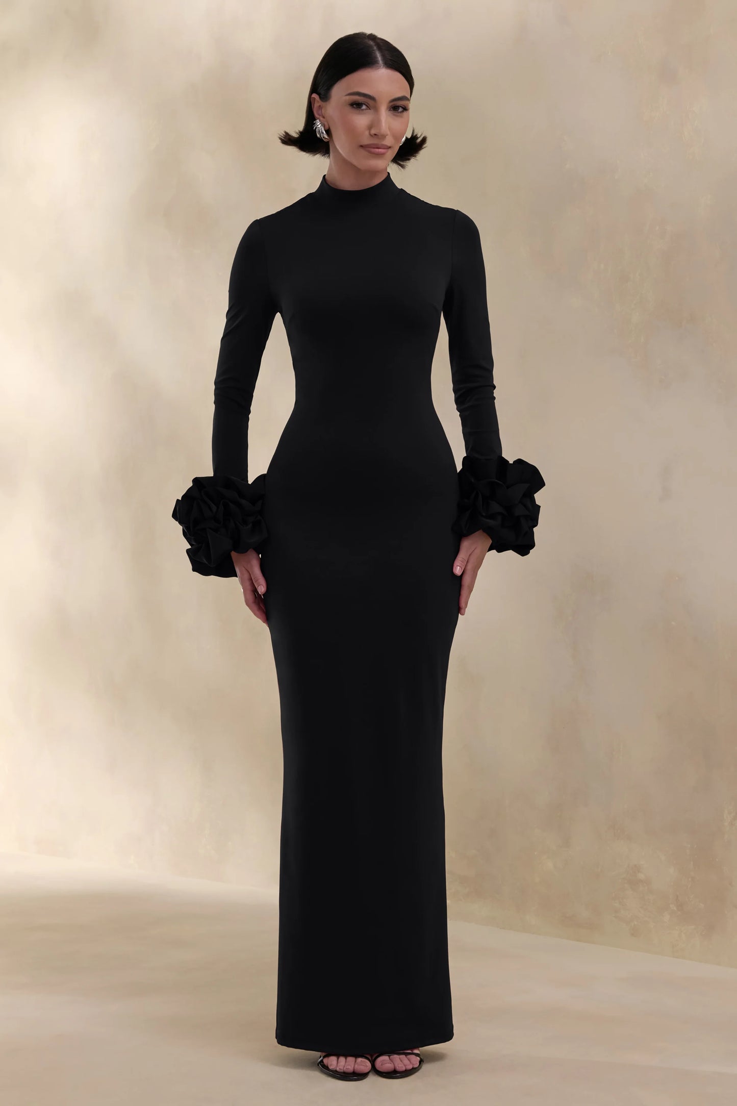 Jaselle Black High-Neck Maxi Dress With Ruffled Satin-Cuffs