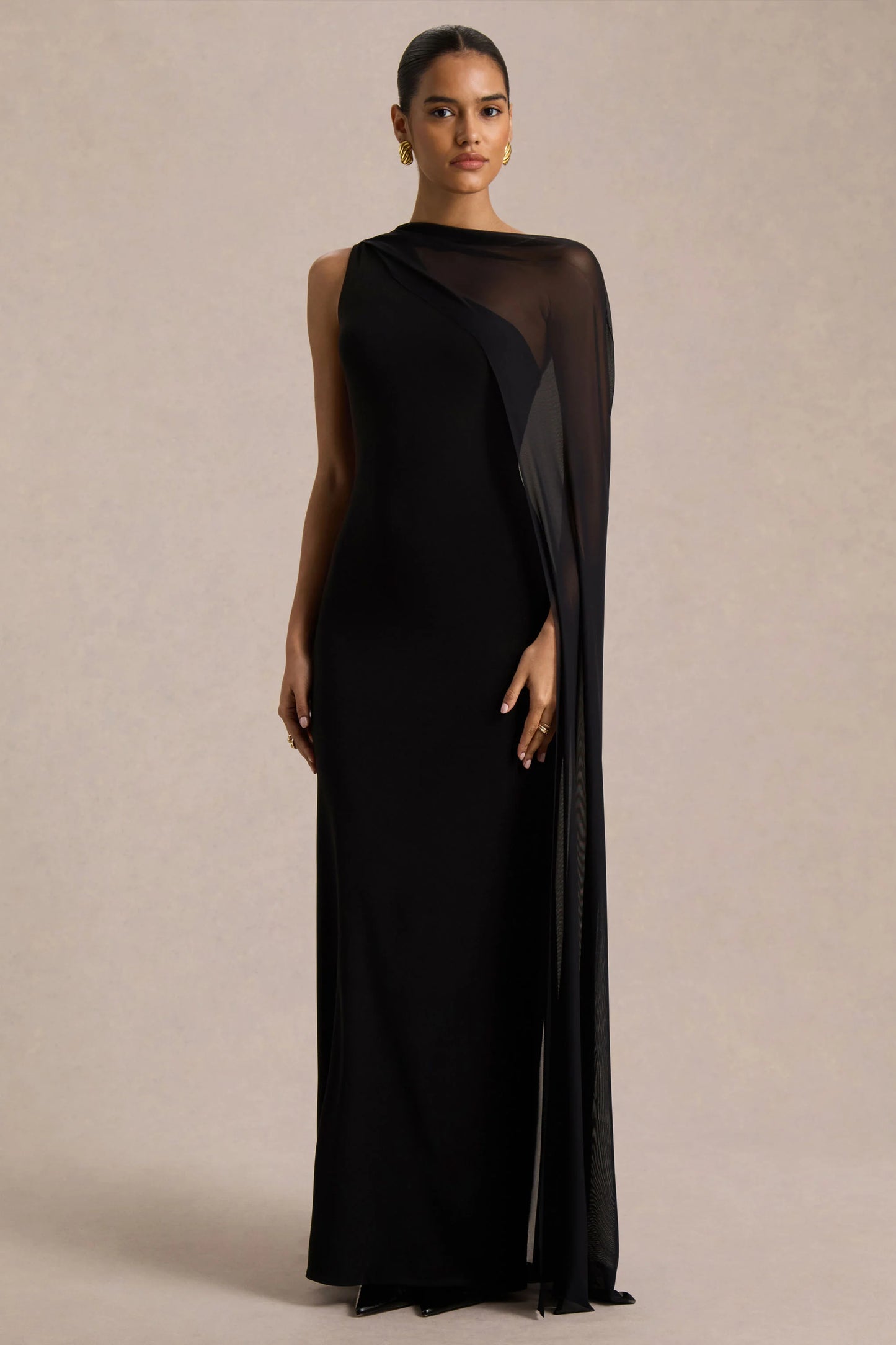 Mirelle Black Asymmetric-Neck Maxi Dress With Sheer Cape-Sleeve